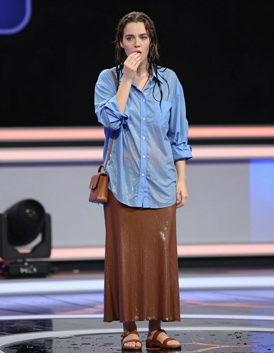 photo of young woman, in soaking wet, drenched clothes,
sandals, oversized brown maxi skirt, small handbag, oversized light blue buttoned down long sleeved shirt, game show, 
enjoying, wet clothes stuck to body,
detailed textures of the wet clothes, wet face, wet plastered hair,
wet, drenched, professional, high-quality details, full body view.
sharp focus, ultra-high pixel detail, realistic, high-quality, full colors, incredibly detailed, 4k, 8k, 16k, hyper-realistic, RAW photo, masterpiece, ultra-detailed, professionally color graded, professional photograph, slimed, wet skin, wet clothes, damp fabric