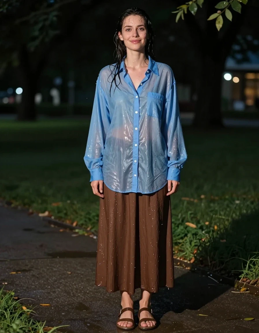 photo of young woman, in soaking wet, drenched clothes,
sandals, oversized brown maxi skirt, oversized light blue buttoned down long sleeved shirt, empty park at night, 
enjoying, wet clothes stuck to body,
detailed textures of the wet clothes, wet face, wet plastered hair,
wet, drenched, professional, high-quality details, full body view.
sharp focus, ultra-high pixel detail, realistic, high-quality, full colors, incredibly detailed, 4k, 8k, 16k, hyper-realistic, RAW photo, masterpiece, ultra-detailed, professionally color graded, professional photograph, drenched, happy, wet skin, wet clothes, damp fabric
