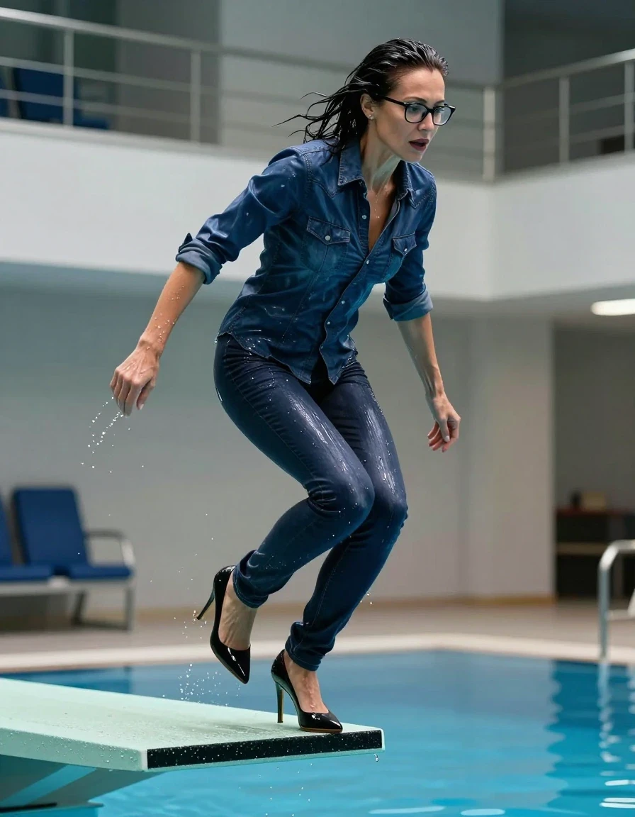 photo of young woman, in soaking wet, drenched clothes,
high-heeled shoes, long dark blue shiny jeans, shiny dark blue denim shirt, jumping from the diving board into the water of the indoor pool, 
enjoying, wet clothes stuck to body,
detailed textures of the wet clothes, wet face, wet plastered hair,
wet, drenched, professional, high-quality details, full body view.
sharp focus, ultra-high pixel detail, realistic, high-quality, full colors, incredibly detailed, 4k, 8k, 16k, hyper-realistic, RAW photo, masterpiece, ultra-detailed, professionally color graded, professional photograph, europen brunette skinny woman 50 years old, long dark black hair, office glasses, very big and thick lips, complete body, wet skin, wet clothes, damp fabric, wet skin, wet clothes, damp fabric, wet skin, wet clothes, damp fabric, wet skin, wet clothes, damp fabric, wet skin, wet clothes, damp fabric, wet skin, wet clothes, damp fabric, wet skin, wet clothes, damp fabric