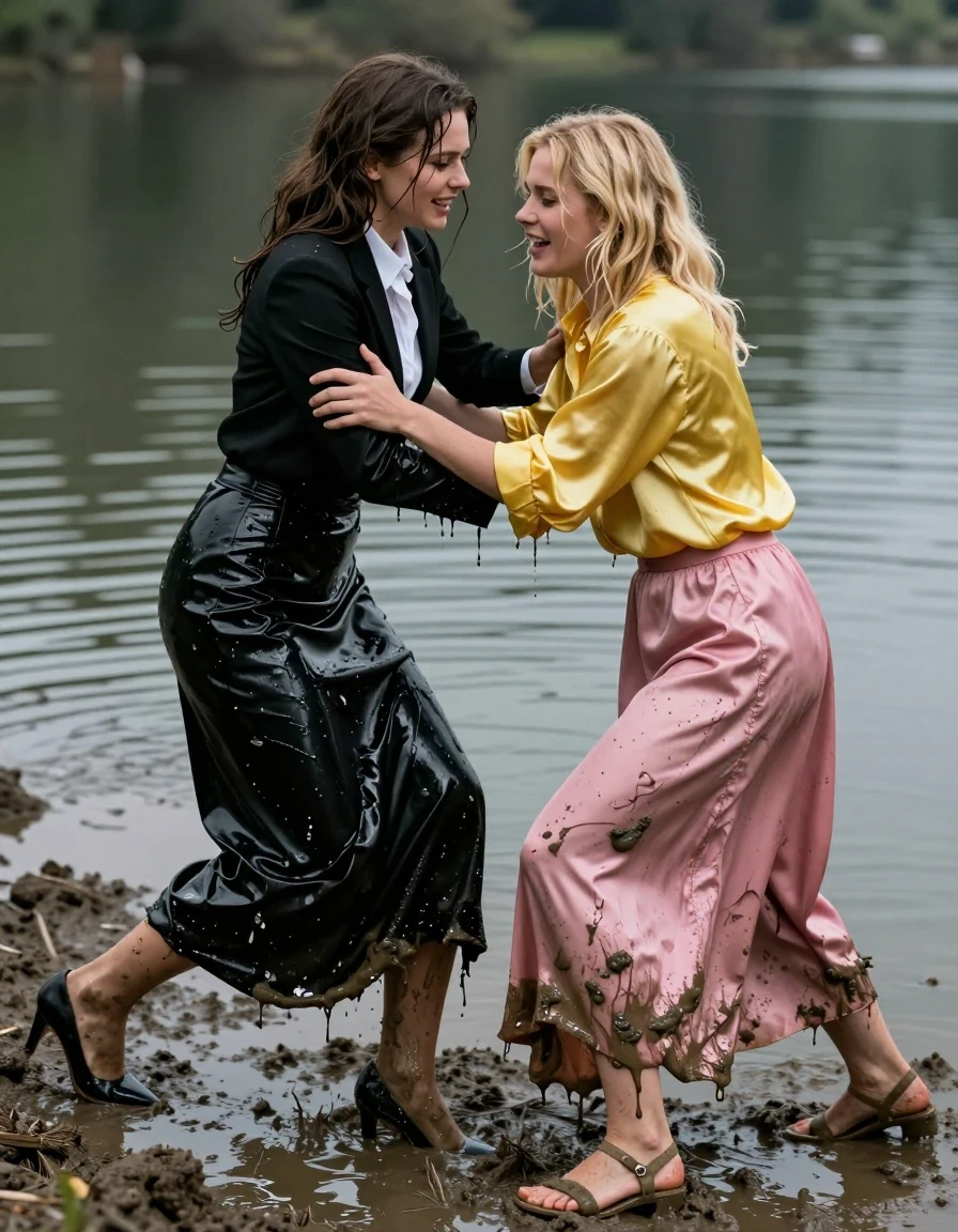 A hyper-realistic, high-contrast cinematic shot of two young European women beside a dark, reflective lake. The first woman, a brunette, is aggressively dominating the scene, shoving the second, a blonde woman, face-first into thick, viscous lakeside mud. The brunette is wearing a sharp black tuxedo jacket over a long-sleeved white blouse with a formal necktie, paired with a floor-length black silk skirt; the fabric is heavily soaked, clinging to her frame with deep, dark, saturated tones and high-gloss reflections. She wears sleek black high heels that are caked in mud. The blonde woman is wearing an oversized yellow satin blouse and a floor-length pink silk skirt, both garments saturated with murky lake water, heavy with moisture, clinging to her body, and exhibiting distorted, wet folds and dark, uneven water-stains. She wears mud-streaked sandals. The atmosphere is damp and moody, with water-slicked skin, dripping hair, and realistic wet-texture rendering on all fabrics. The lighting is overcast and dramatic, highlighting the sheen of the mud and the wet, heavy movement of the silk. 8k resolution, photorealistic, sharp focus on the struggle and the textures of mud and soaked fabric.