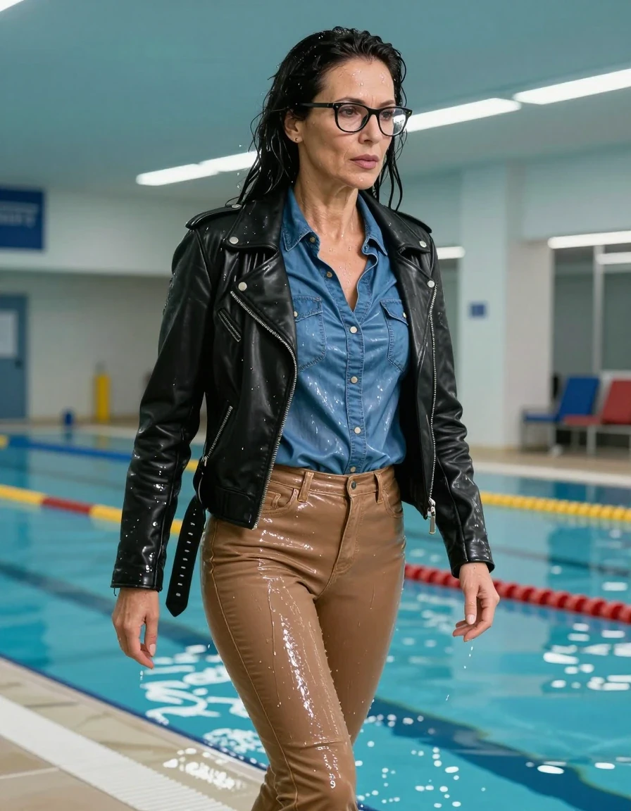 photo of young woman, in soaking wet, drenched clothes,
high-heeled shoes, long light brown shiny jeans, shiny blue denim shirt, shiny black leather byker jacket, after diving into the water of the indoor pool, 
enjoying, wet clothes stuck to body,
detailed textures of the wet clothes, wet face, wet plastered hair,
wet, drenched, professional, high-quality details, full body view.
sharp focus, ultra-high pixel detail, realistic, high-quality, full colors, incredibly detailed, 4k, 8k, 16k, hyper-realistic, RAW photo, masterpiece, ultra-detailed, professionally color graded, professional photograph, europen brunette skinny woman 50 years old, long dark black hair, office glasses, very big and thick lips, complete body, wet skin, wet clothes, damp fabric, wet skin, wet clothes, damp fabric, wet skin, wet clothes, damp fabric, wet skin, wet clothes, damp fabric, wet skin, wet clothes, damp fabric, wet skin, wet clothes, damp fabric, wet skin, wet clothes, damp fabric