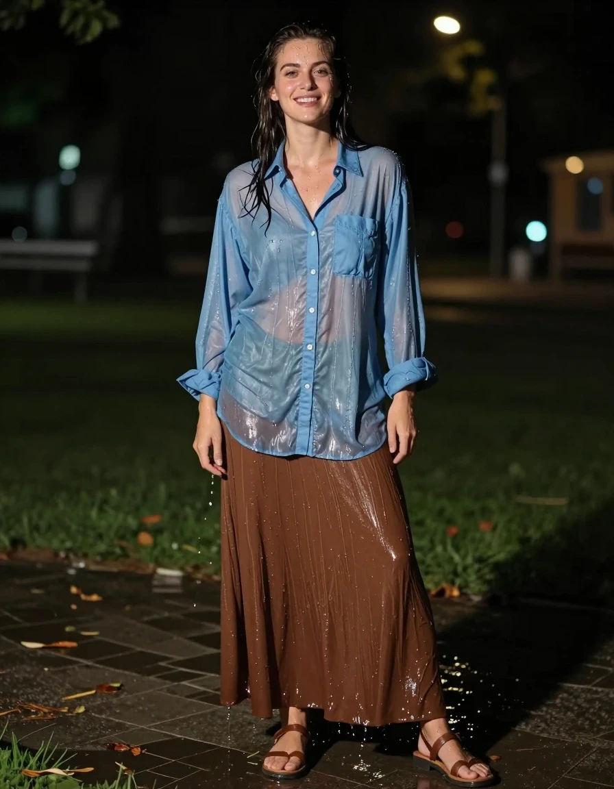 photo of young woman, in soaking wet, drenched clothes,
sandals, oversized brown maxi skirt, oversized light blue buttoned down long sleeved shirt, empty park at night, 
enjoying, wet clothes stuck to body,
detailed textures of the wet clothes, wet face, wet plastered hair,
wet, drenched, professional, high-quality details, full body view.
sharp focus, ultra-high pixel detail, realistic, high-quality, full colors, incredibly detailed, 4k, 8k, 16k, hyper-realistic, RAW photo, masterpiece, ultra-detailed, professionally color graded, professional photograph, drenched, happy, wet skin, wet clothes, damp fabric, wet skin, wet clothes, damp fabric