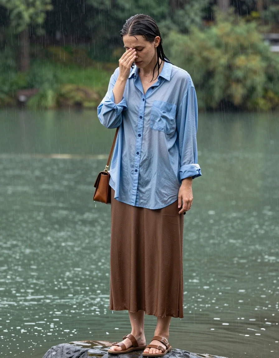 photo of young woman, in soaking wet, drenched clothes,
sandals, oversized brown maxi skirt, small handbag, oversized light blue buttoned down long sleeved shirt, lake during rain, 
enjoying, wet clothes stuck to body,
detailed textures of the wet clothes, wet face, wet plastered hair,
wet, drenched, professional, high-quality details, full body view.
sharp focus, ultra-high pixel detail, realistic, high-quality, full colors, incredibly detailed, 4k, 8k, 16k, hyper-realistic, RAW photo, masterpiece, ultra-detailed, professionally color graded, professional photograph, teacher, swims in the lake to calm her nerves, wet skin, wet clothes, damp fabric, wet skin, wet clothes, damp fabric