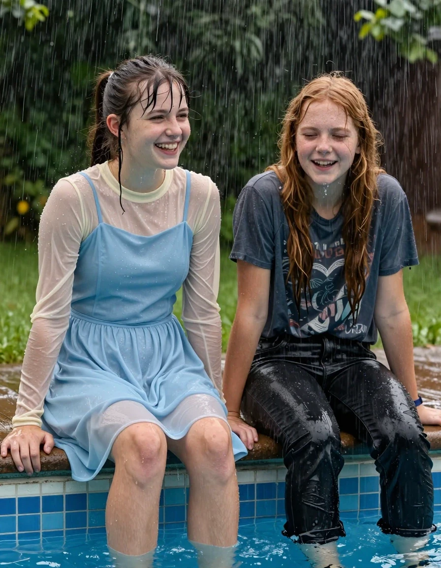 photo of young woman, in soaking wet, drenched clothes,
, , casual wear, 2 girls sitting on the edge of the pool while it pours water on them during a heavy storm, 
enjoying, wet clothes stuck to body,
detailed textures of the wet clothes, wet face, wet plastered hair,
wet, drenched, professional, high-quality details, full body view.
sharp focus, ultra-high pixel detail, realistic, high-quality, full colors, incredibly detailed, 4k, 8k, 16k, hyper-realistic, RAW photo, masterpiece, ultra-detailed, professionally color graded, professional photograph, 2 small college girls both having fun together. both similar age, a nineteen year old girl, she is small, young, petite, with a flat and slim body, a She has a wide square young face a very small chest, she is a pale brunette with a ponytail and bangs and a septum piercing, She is full of youthful energy, she is wearing a cream long sleeve see through sparkly undershirt underneath her formal thick pale blue dress with a highish neckline, her dress has a flat front with a wider base. her friend is slightly shorter, she has auburn hair, she is wearing dark colored soaked loose jeans and  short sleeve graphic t-shirt over a long sleeve dark grey top. her clothes darken from the water. She has a wide square face,, wet skin, wet clothes, damp fabric, wet skin, wet clothes, damp fabric, wet skin, wet clothes, damp fabric, wet skin, wet clothes, damp fabric, wet skin, wet clothes, damp fabric