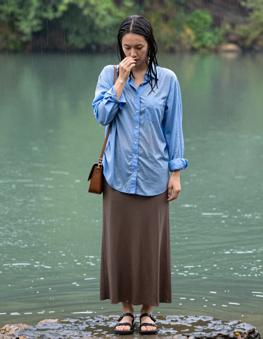 photo of young woman, in soaking wet, drenched clothes,
sandals, oversized brown maxi skirt, small handbag, oversized light blue buttoned down long sleeved shirt, lake during rain, 
enjoying, wet clothes stuck to body,
detailed textures of the wet clothes, wet face, wet plastered hair,
wet, drenched, professional, high-quality details, full body view.
sharp focus, ultra-high pixel detail, realistic, high-quality, full colors, incredibly detailed, 4k, 8k, 16k, hyper-realistic, RAW photo, masterpiece, ultra-detailed, professionally color graded, professional photograph, brunette teacher, swims in the lake to calm her nerves, wet skin, wet clothes, damp fabric