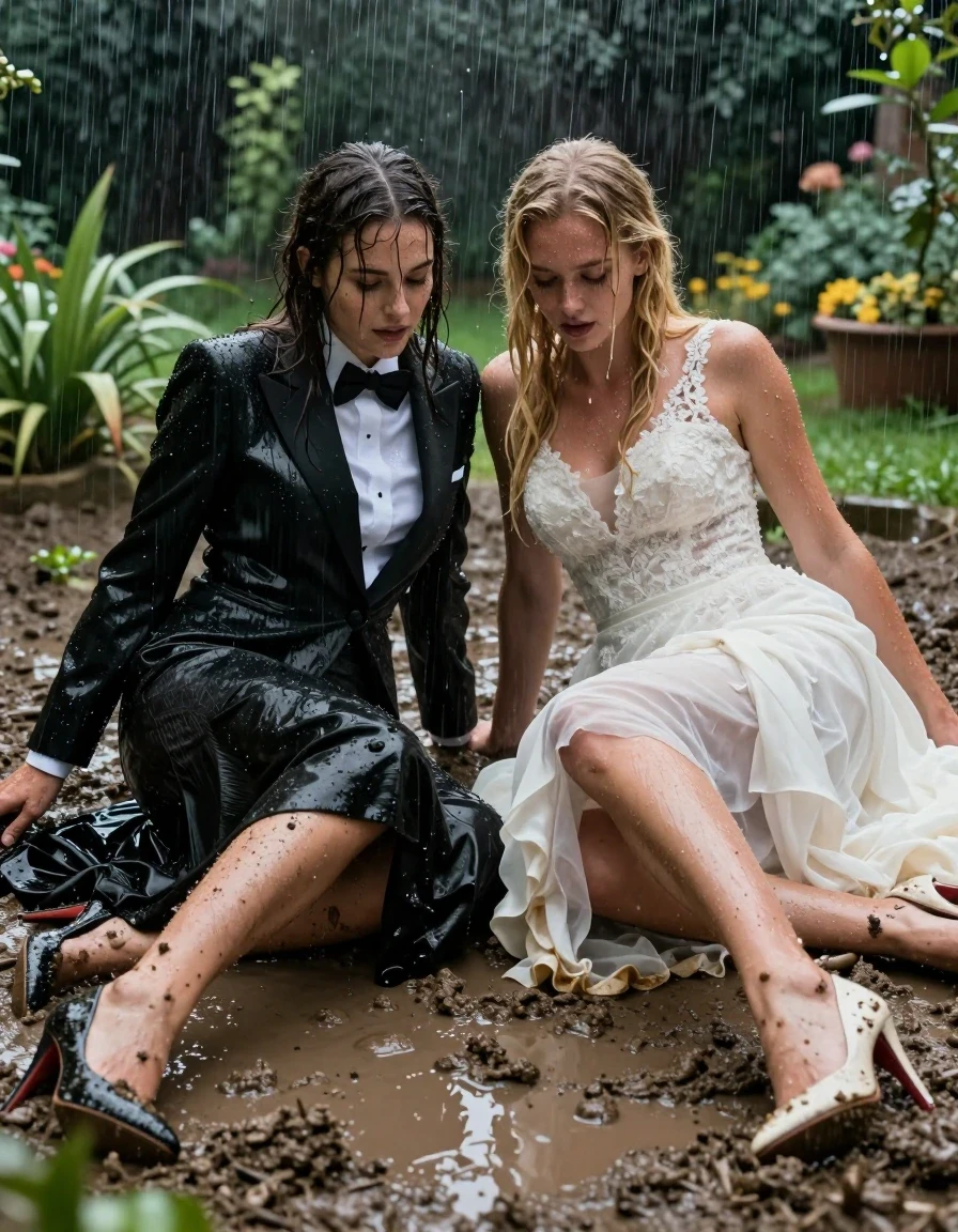 A high-detail photorealistic scene of two young adult European women stumbling clumsily through a rain-slicked garden, both fallen into the mud, positioned on their knees and bellies. The first woman, a brunette, wears a sharp black tuxedo with a crisp white shirt, black bowtie, and a floor-length black silk skirt, the fabric heavy, darkened, and clinging to her skin from the downpour. The second woman, a blonde, wears a conservative white wedding dress, the lace and satin layers soaked, translucent, and plastered to her frame by the rain. Both women wear high heels that are partially submerged in thick, wet mud. Their skin is glistening with water sheen, hair matted and wet, with droplets cascading down their faces and clothes. The garden environment is lush and dark, with heavy rain falling, saturating the ground into deep mud. Cinematic lighting captures the specular reflections on the wet fabric and skin, emphasizing the heavy, clinging texture of the dampened garments. 8k resolution, hyper-realistic, dramatic atmosphere, sharp focus on textures and wetness.