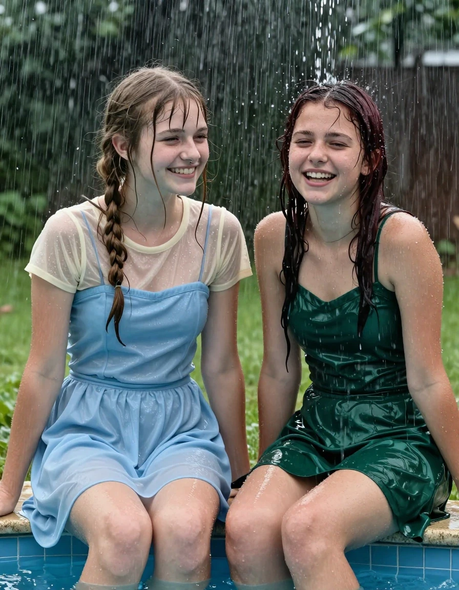 photo of young woman, in soaking wet, drenched clothes,
, , casual wear, 2 girls sitting on the edge of the pool while it pours water on them during a heavy storm, 
enjoying, wet clothes stuck to body,
detailed textures of the wet clothes, wet face, wet plastered hair,
wet, drenched, professional, high-quality details, full body view.
sharp focus, ultra-high pixel detail, realistic, high-quality, full colors, incredibly detailed, 4k, 8k, 16k, hyper-realistic, RAW photo, masterpiece, ultra-detailed, professionally color graded, professional photograph, 2 small college girls both having fun together. both similar age, a nineteen year old girl, a She has a wide square young face a very small chest, she is a pale brunette with a ponytail and bangs and a septum piercing, She is full of youthful energy, she is wearing a cream short sleeve see through sparkly undershirt underneath her formal thick pale blue strapless dress
 her dress has a flat front with a wider base.  Her friend has dark auburn hair, she is long dark green satin dress. her clothes darken from the water. She has a wide square face,, wet skin, wet clothes, damp fabric, wet skin, wet clothes, damp fabric, wet skin, wet clothes, damp fabric, wet skin, wet clothes, damp fabric, wet skin, wet clothes, damp fabric, wet skin, wet clothes, damp fabric