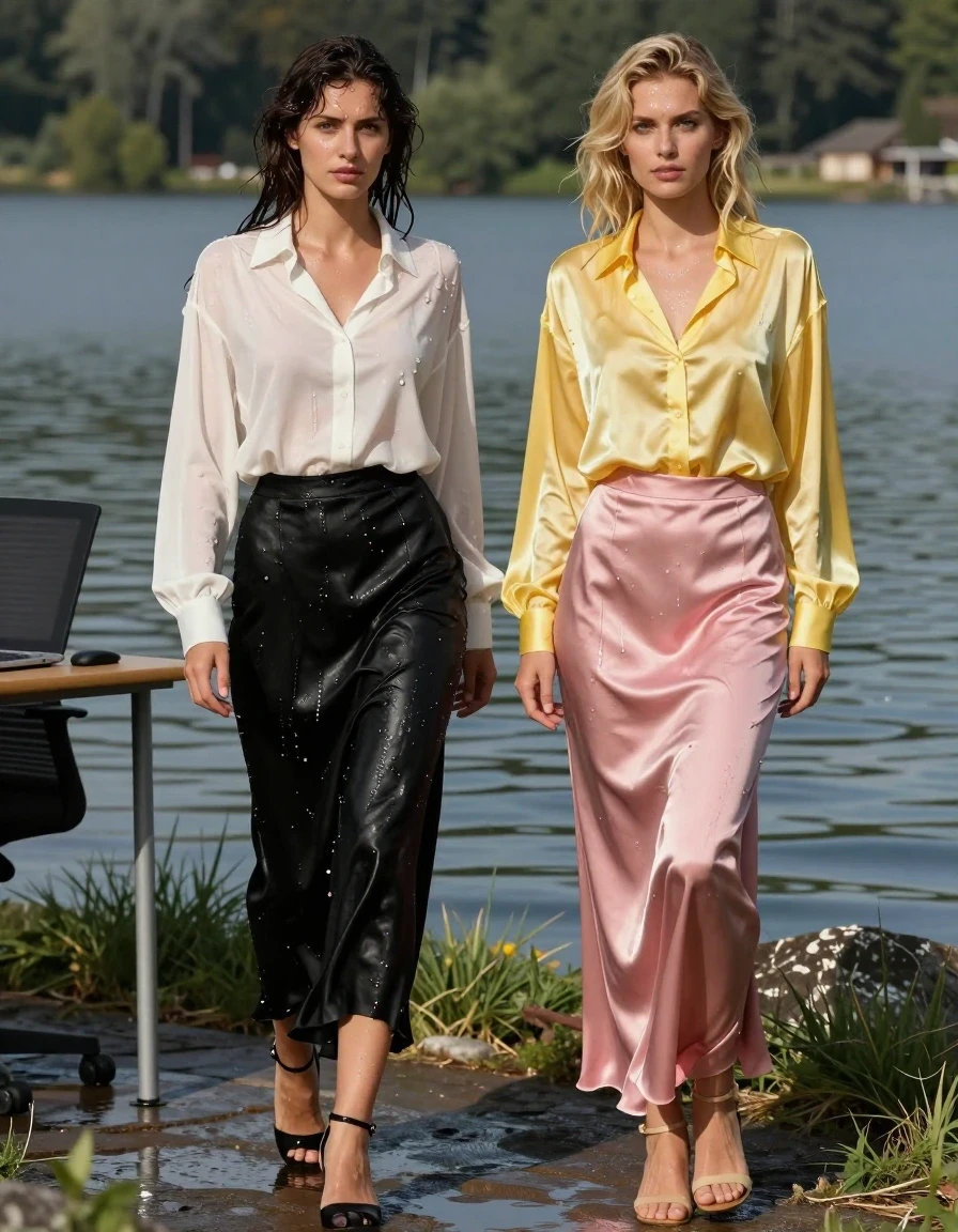 photo of young woman, in soaking wet, drenched clothes,
1st woman: heels, 2nd woman: sandals, first brunette woman: floor-length black silk skirt. 2nd floor-length pink silk skirt, first brunette woman: oversized long-sleeved white blouse, 2nd blonde woman: oversized yellow satin blouse, next to a lake, 
enjoying, wet clothes stuck to body,
detailed textures of the wet clothes, wet face, wet plastered hair,
wet, drenched, professional, high-quality details, full body view.
sharp focus, ultra-high pixel detail, realistic, high-quality, full colors, incredibly detailed, 4k, 8k, 16k, hyper-realistic, RAW photo, masterpiece, ultra-detailed, professionally color graded, professional photograph, working home office after a swim in clothes, wet skin, wet clothes, damp fabric
