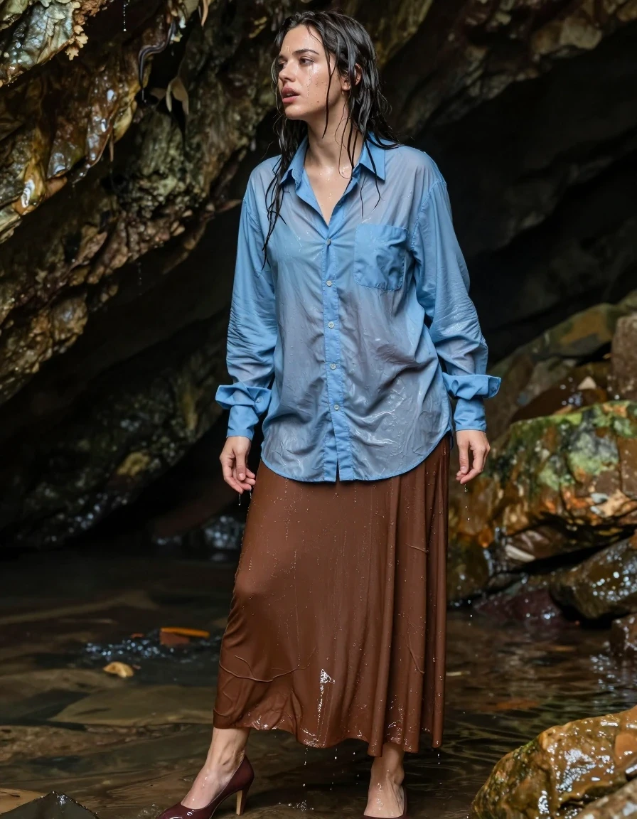 photo of young woman, in soaking wet, drenched clothes,
Heels, oversized brown maxi skirt, oversized light blue buttoned down long sleeved shirt, Cave, 
enjoying, wet clothes stuck to body,
detailed textures of the wet clothes, wet face, wet plastered hair,
wet, drenched, professional, high-quality details, full body view.
sharp focus, ultra-high pixel detail, realistic, high-quality, full colors, incredibly detailed, 4k, 8k, 16k, hyper-realistic, RAW photo, masterpiece, ultra-detailed, professionally color graded, professional photograph, emerges from the cave fully drenched, orgasms, wet skin, wet clothes, damp fabric