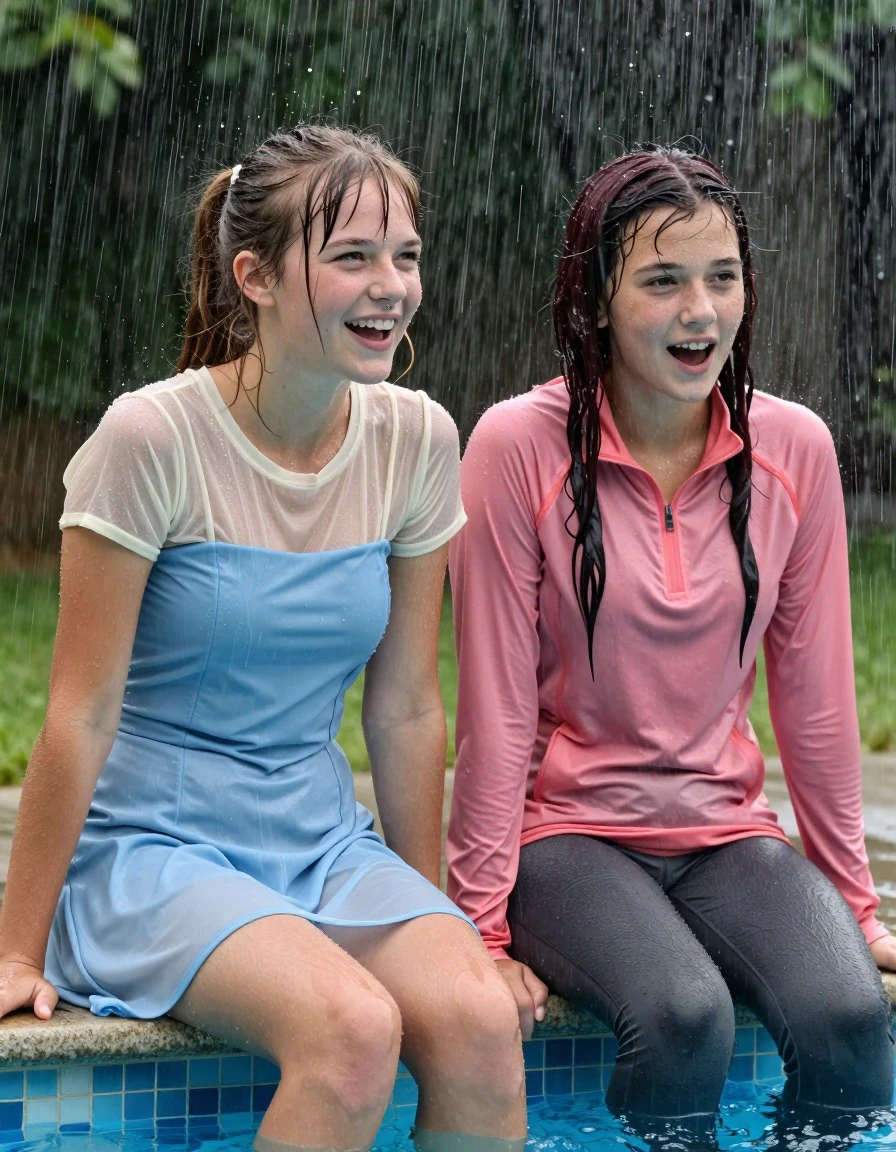 photo of young woman, in soaking wet, drenched clothes,
, , casual wear, 2 girls sitting on the edge of the pool while it pours water on them during a heavy storm, 
enjoying, wet clothes stuck to body,
detailed textures of the wet clothes, wet face, wet plastered hair,
wet, drenched, professional, high-quality details, full body view.
sharp focus, ultra-high pixel detail, realistic, high-quality, full colors, incredibly detailed, 4k, 8k, 16k, hyper-realistic, RAW photo, masterpiece, ultra-detailed, professionally color graded, professional photograph, 2 small college girls both having fun together. both similar age, a nineteen year old girl, a She has a wide square young face a very small chest, she is a pale brunette with a ponytail and bangs and a septum piercing, She is full of youthful energy, she is wearing a cream short sleeve see through sparkly undershirt underneath her formal thick pale blue strapless dress
 her dress has a flat front with a wider base.  Her friend has dark auburn hair, she is wearing darl grey leggings and a pink long sleeve athletic quarter zip. her clothes darken from the water. She has a wide square face,, wet skin, wet clothes, damp fabric, wet skin, wet clothes, damp fabric, wet skin, wet clothes, damp fabric, wet skin, wet clothes, damp fabric, wet skin, wet clothes, damp fabric, wet skin, wet clothes, damp fabric