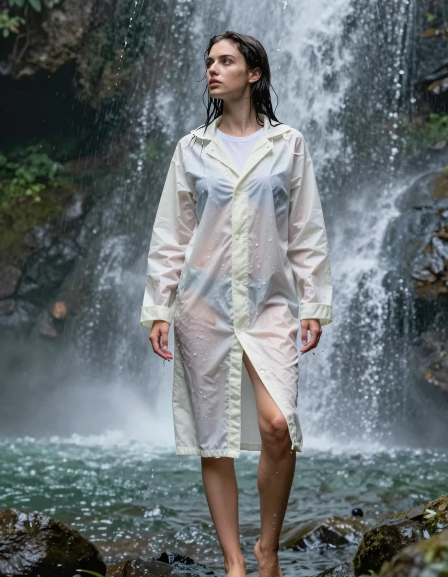 photo of young woman, in soaking wet, drenched clothes,
No shoes, , White long  soaking wet raincoat. White soaking wet tshirt underneath the rainjacket , In the waterfall. she's  soaking wet in baby oils . Her clothes cling to her soaking wet nude form under her clothes.  , 
enjoying, wet clothes stuck to body,
detailed textures of the wet clothes, wet face, wet plastered hair,
wet, drenched, professional, high-quality details, full body view.
sharp focus, ultra-high pixel detail, realistic, high-quality, full colors, incredibly detailed, 4k, 8k, 16k, hyper-realistic, RAW photo, masterpiece, ultra-detailed, professionally color graded, professional photograph, Her hair is soaking wet and slicked back. Her clothes are soaking wet and clings to her form  . She's love's it. Her rainjacket is closed, wet skin, wet clothes, damp fabric
