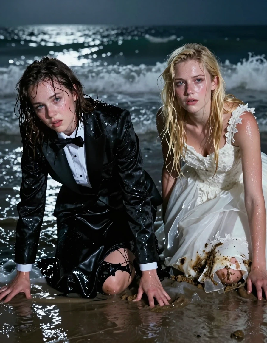 A hyper-realistic cinematic shot of two exhausted young adult European women crawling out of the dark, churning sea onto a rugged shoreline. The first woman, a brunette, wears a soaking-wet black silk tuxedo jacket with a white shirt and black bowtie, paired with a floor-length black silk skirt; the fabric is heavily saturated, clinging to her frame with deep, dark patches, translucent wet folds, and brilliant specular highlights catching the moonlight. The second woman, a blonde, wears a conservative, heavy white wedding dress, now water-logged, weighed down, and clinging to her skin with visible texture, mud-stained hems, and translucent, soaked lace detailing. Both women have wet, matted hair plastered to their faces and glistening, water-slicked skin. Their clothing is visibly torn, ripped, and shredded from their long swim. They are captured in a strained, crawling pose on the wet sand. The lighting is moody and dramatic, with cold moonlight reflecting off the wet surfaces and the turbulent ocean waves in the background. High-resolution photography, 8k, sharp focus on fabric textures, wet skin sheen, and gritty realistic atmosphere.