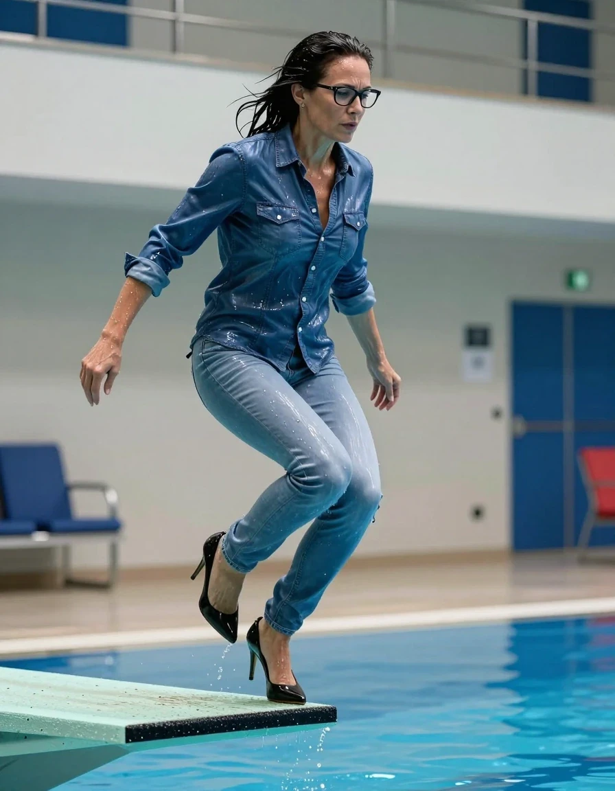 photo of young woman, in soaking wet, drenched clothes,
high-heeled shoes, long light blue shiny jeans, shiny blue denim shirt, jumping from the diving board into the water of the indoor pool, 
enjoying, wet clothes stuck to body,
detailed textures of the wet clothes, wet face, wet plastered hair,
wet, drenched, professional, high-quality details, full body view.
sharp focus, ultra-high pixel detail, realistic, high-quality, full colors, incredibly detailed, 4k, 8k, 16k, hyper-realistic, RAW photo, masterpiece, ultra-detailed, professionally color graded, professional photograph, europen brunette skinny woman 50 years old, long dark black hair, office glasses, very big and thick lips, complete body, wet skin, wet clothes, damp fabric, wet skin, wet clothes, damp fabric, wet skin, wet clothes, damp fabric, wet skin, wet clothes, damp fabric, wet skin, wet clothes, damp fabric, wet skin, wet clothes, damp fabric, wet skin, wet clothes, damp fabric