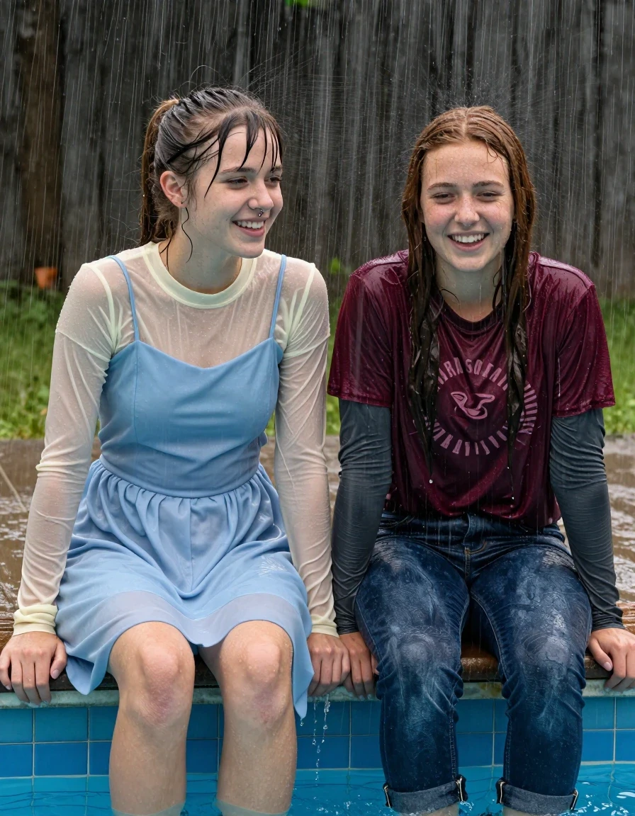 photo of young woman, in soaking wet, drenched clothes,
, , casual wear, 2 girls sitting on the edge of the pool while it pours water on them during a heavy storm, 
enjoying, wet clothes stuck to body,
detailed textures of the wet clothes, wet face, wet plastered hair,
wet, drenched, professional, high-quality details, full body view.
sharp focus, ultra-high pixel detail, realistic, high-quality, full colors, incredibly detailed, 4k, 8k, 16k, hyper-realistic, RAW photo, masterpiece, ultra-detailed, professionally color graded, professional photograph, 2 small college girls both having fun together. both similar age, a nineteen year old girl, with a flat and slim body, a She has a wide square young face a very small chest, she is a pale brunette with a ponytail and bangs and a septum piercing, She is full of youthful energy, she is wearing a cream long sleeve see through sparkly undershirt underneath her formal thick pale blue dress with a highish neckline, her dress has a flat front with a wider base. her friend is slightly shorter, she has dark auburn hair, she is wearing dark blue colored soaked loose jeans and a maroon short sleeve graphic fiited t-shirt over a long sleeve dark grey undershirt. her clothes darken from the water. She has a wide square face,, wet skin, wet clothes, damp fabric, wet skin, wet clothes, damp fabric, wet skin, wet clothes, damp fabric, wet skin, wet clothes, damp fabric, wet skin, wet clothes, damp fabric, wet skin, wet clothes, damp fabric