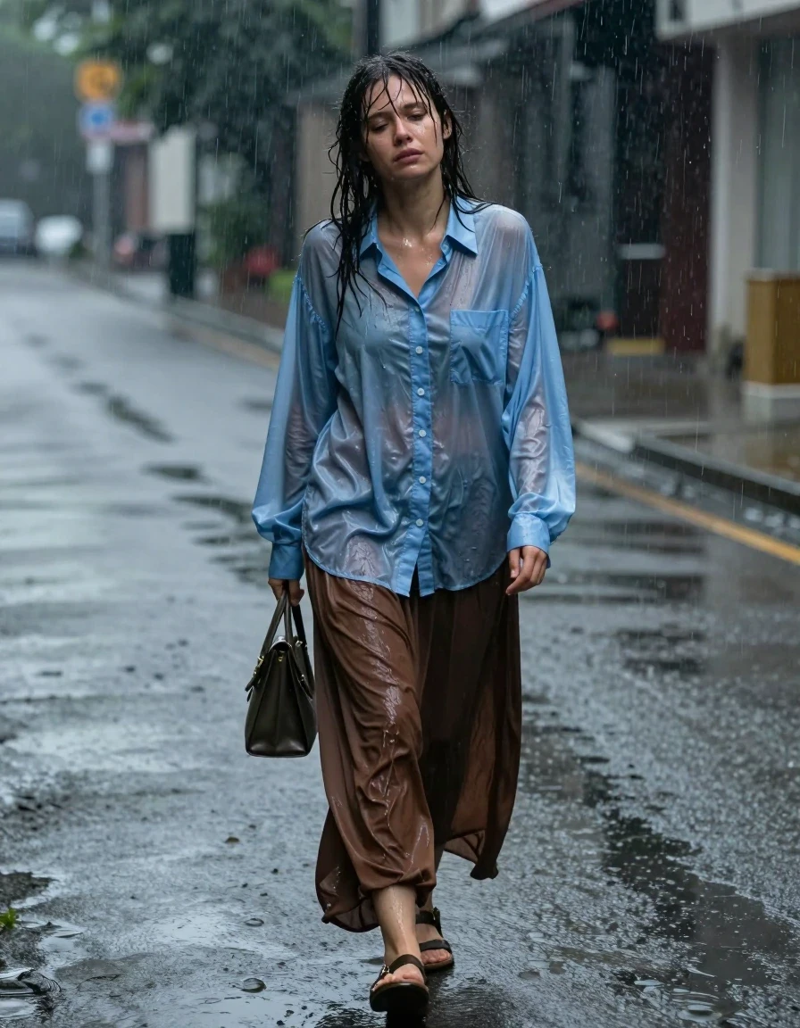 A photorealistic full-body shot of an exhausted young adult European woman walking slowly along an empty, desolate asphalt road during a heavy rainstorm. She is wearing an oversized, light blue buttoned-down long-sleeved shirt that is thoroughly soaked, clinging to her frame with heavy, dark, water-saturated fabric folds, and an oversized brown maxi skirt that is damp, heavy, and clinging to her legs. She wears simple sandals on her feet and carries a small handbag. Her skin is glistening with rain, her hair is matted and wet, and her expression shows profound fatigue as she barely puts one foot in front of the other. The environment is dark and moody with puddles reflecting the dim ambient light, heavy rain streaks visible in the air, and a somber atmosphere. High-resolution photography, 8k, cinematic lighting, sharp focus on the textures of the wet fabric and glistening skin, realistic water sheen, hyper-detailed environment.