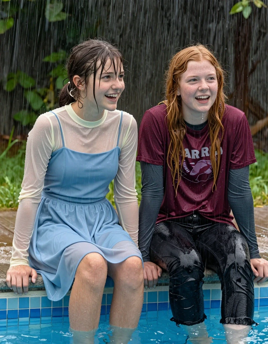 photo of young woman, in soaking wet, drenched clothes,
, , casual wear, 2 girls sitting on the edge of the pool while it pours water on them during a heavy storm, 
enjoying, wet clothes stuck to body,
detailed textures of the wet clothes, wet face, wet plastered hair,
wet, drenched, professional, high-quality details, full body view.
sharp focus, ultra-high pixel detail, realistic, high-quality, full colors, incredibly detailed, 4k, 8k, 16k, hyper-realistic, RAW photo, masterpiece, ultra-detailed, professionally color graded, professional photograph, 2 small college girls both having fun together. both similar age, a nineteen year old girl, she is small, young, petite, with a flat and slim body, a She has a wide square young face a very small chest, she is a pale brunette with a ponytail and bangs and a septum piercing, She is full of youthful energy, she is wearing a cream long sleeve see through sparkly undershirt underneath her formal thick pale blue dress with a highish neckline, her dress has a flat front with a wider base. her friend is slightly shorter, she has auburn hair, she is wearing dark colored soaked loose jeans and a maroon short sleeve graphic t-shirt over a long sleeve dark grey undershirt. her clothes darken from the water. She has a wide square face,, wet skin, wet clothes, damp fabric, wet skin, wet clothes, damp fabric, wet skin, wet clothes, damp fabric, wet skin, wet clothes, damp fabric, wet skin, wet clothes, damp fabric