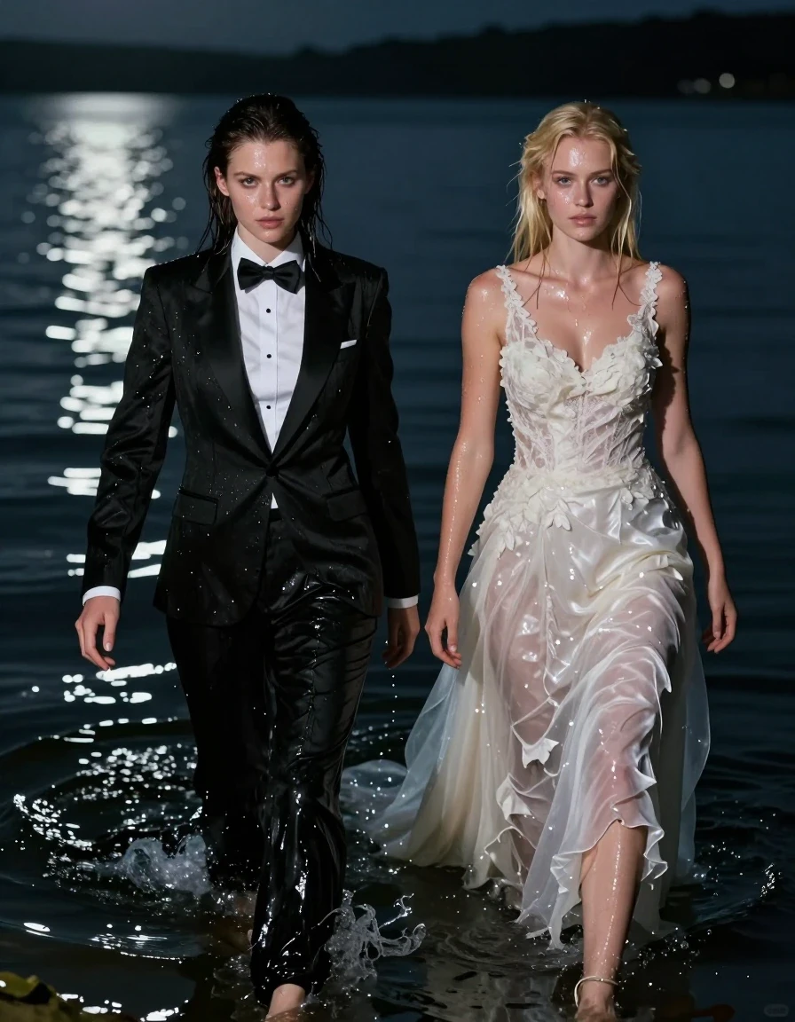 A photorealistic night scene at a calm, dark lake. A young adult European brunette woman and a young adult European blonde woman are swimming in the water. The brunette woman is wearing a formal tuxedo, crisp white shirt, and black bowtie, while the blonde woman is wearing a conservative wedding dress. Both garments are soaking-wet, heavy, and clinging to their bodies, with the black silk skirt of the brunette's outfit and the fabric of the wedding dress appearing deeply saturated, darkened, and translucent in areas where water has soaked through. Both women are wearing high heels that are visible as they tread water. Their hair is slicked back and dripping, with water sheen on their skin. The scene is illuminated by moonlight reflecting off the rippling water surface, creating strong specular highlights on the wet fabrics and skin. High-contrast cinematic lighting, 8k resolution, realistic water physics, hyper-detailed textures of saturated silk and lace, dramatic atmosphere.