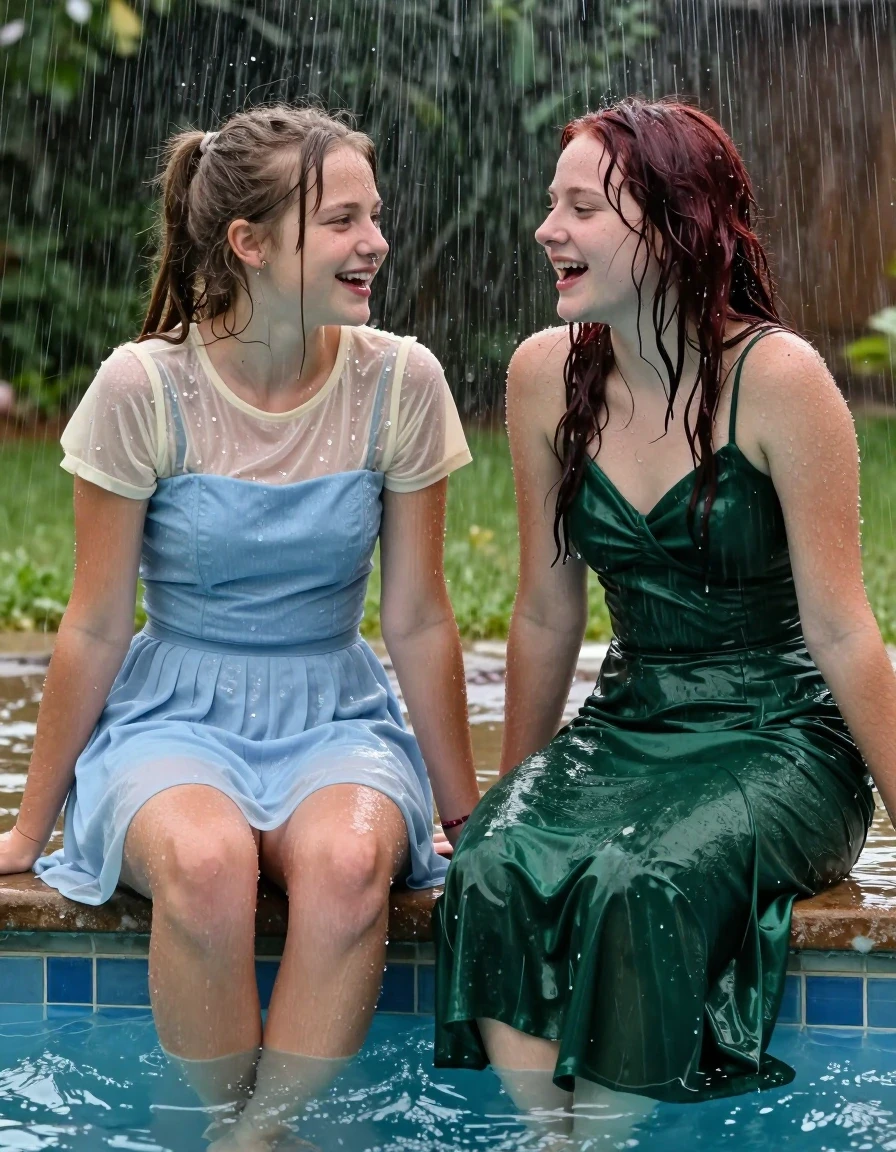 photo of young woman, in soaking wet, drenched clothes,
, , casual wear, 2 girls sitting on the edge of the pool while it pours water on them during a heavy storm, 
enjoying, wet clothes stuck to body,
detailed textures of the wet clothes, wet face, wet plastered hair,
wet, drenched, professional, high-quality details, full body view.
sharp focus, ultra-high pixel detail, realistic, high-quality, full colors, incredibly detailed, 4k, 8k, 16k, hyper-realistic, RAW photo, masterpiece, ultra-detailed, professionally color graded, professional photograph, 2 small college girls both having fun together. both similar age, a nineteen year old girl, a She has a wide square young face a very small chest, she is a pale brunette with a ponytail and bangs and a septum piercing, She is full of youthful energy, she is wearing a cream short sleeve see through sparkly undershirt underneath her formal thick pale blue strapless dress
 her dress has a flat front with a wider base.  Her friend has dark auburn hair, she is long dark green satin prom dress. her clothes darken from the water. She has a wide square face,, wet skin, wet clothes, damp fabric, wet skin, wet clothes, damp fabric, wet skin, wet clothes, damp fabric, wet skin, wet clothes, damp fabric, wet skin, wet clothes, damp fabric, wet skin, wet clothes, damp fabric