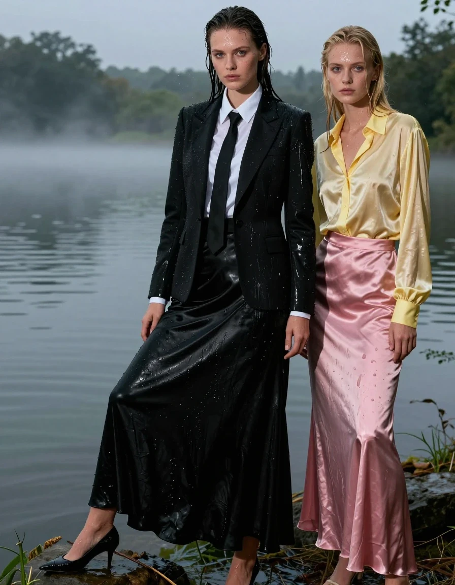 A photorealistic, high-contrast shot of two young adult European women standing by a serene, misty lake. The first woman, a brunette, stands in a dominant, commanding posture, wearing a sharp black tuxedo jacket, a crisp white long-sleeved blouse, a formal necktie, and a floor-length black silk skirt, with elegant black heels. The second woman, a blonde, stands in a submissive posture, wearing an oversized yellow satin blouse and a floor-length pink silk skirt, with delicate sandals. Both women are thoroughly drenched, with wet, slicked-back hair and glistening, water-sheened skin. The black silk skirt is heavy, soaking-wet, and clinging to the legs, appearing deep black with dark, saturated folds and glossy highlights. The pink silk skirt is similarly water-saturated, clinging tightly to the skin with heavy, dark wet patches and translucent wet folds. The black tuxedo jacket is damp and heavy, with dark, soaked fabric texture. The scene is captured with a cinematic medium shot, capturing the intense, moody atmosphere of the lakeside at dusk. Soft, diffused natural light catches the glistening water droplets on their skin and the deep, rich, wet textures of the silk fabrics. Sharp focus, 8k resolution, highly detailed textures, realistic water saturation, dramatic composition.