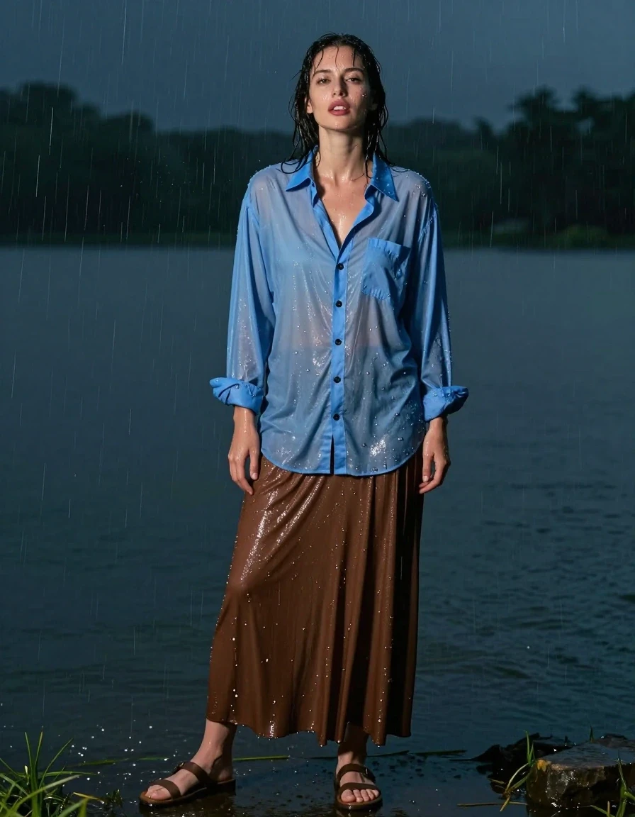 photo of young woman, in soaking wet, drenched clothes,
sandals, oversized brown maxi skirt, oversized light blue buttoned down long sleeved shirt, next to a lake at night, rainstorm, 
enjoying, wet clothes stuck to body,
detailed textures of the wet clothes, wet face, wet plastered hair,
wet, drenched, professional, high-quality details, full body view.
sharp focus, ultra-high pixel detail, realistic, high-quality, full colors, incredibly detailed, 4k, 8k, 16k, hyper-realistic, RAW photo, masterpiece, ultra-detailed, professionally color graded, professional photograph, having an orgasm, wet skin, wet clothes, damp fabric, wet skin, wet clothes, damp fabric, wet skin, wet clothes, damp fabric
