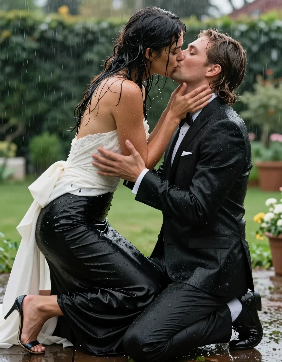 photo of young woman, in soaking wet, drenched clothes,
heels, first woman: floor-length black silk skirt. 2nd woman: conservative wedding dress, first woman: tuxedo, white shirt, black bowtie 2nd woman: conservative wedding dress, in a garden during rain, 
enjoying, wet clothes stuck to body,
detailed textures of the wet clothes, wet face, wet plastered hair,
wet, drenched, professional, high-quality details, full body view.
sharp focus, ultra-high pixel detail, realistic, high-quality, full colors, incredibly detailed, 4k, 8k, 16k, hyper-realistic, RAW photo, masterpiece, ultra-detailed, professionally color graded, professional photograph, kneeling and kissing each other, wet skin, wet clothes, damp fabric
