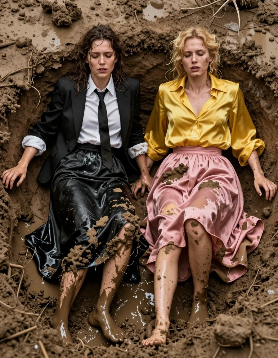 A photorealistic, high-detail scene of two young adult European women barely escaping a deep, thick quicksand pit. The first woman, a brunette, wears a floor-length black silk skirt, a black tuxedo jacket, a necktie, and a long-sleeved white blouse. The second woman, a blonde, wears a floor-length pink silk skirt and an oversized yellow satin blouse. Both women are barefoot, with their feet and lower legs submerged in the heavy, viscous mud. Their clothes are muddy, torn, and heavily destroyed from the struggle. The fabrics are visibly soaked and saturated with water and silt, clinging to their bodies, with dark, wet patches, heavy folds, and a realistic sheen where the mud-water mixture coats the silk and blouses. Both women appear exhausted, with wet, matted hair and mud-streaked, glistening skin. The lighting is dramatic and natural, highlighting the textures of the quicksand, the clinging wet fabric, and the desperate expressions on their faces. Shot with a shallow depth of field, 85mm lens, high-resolution photographic quality, capturing every detail of the mud-splattered garments and the visceral, wet environment.