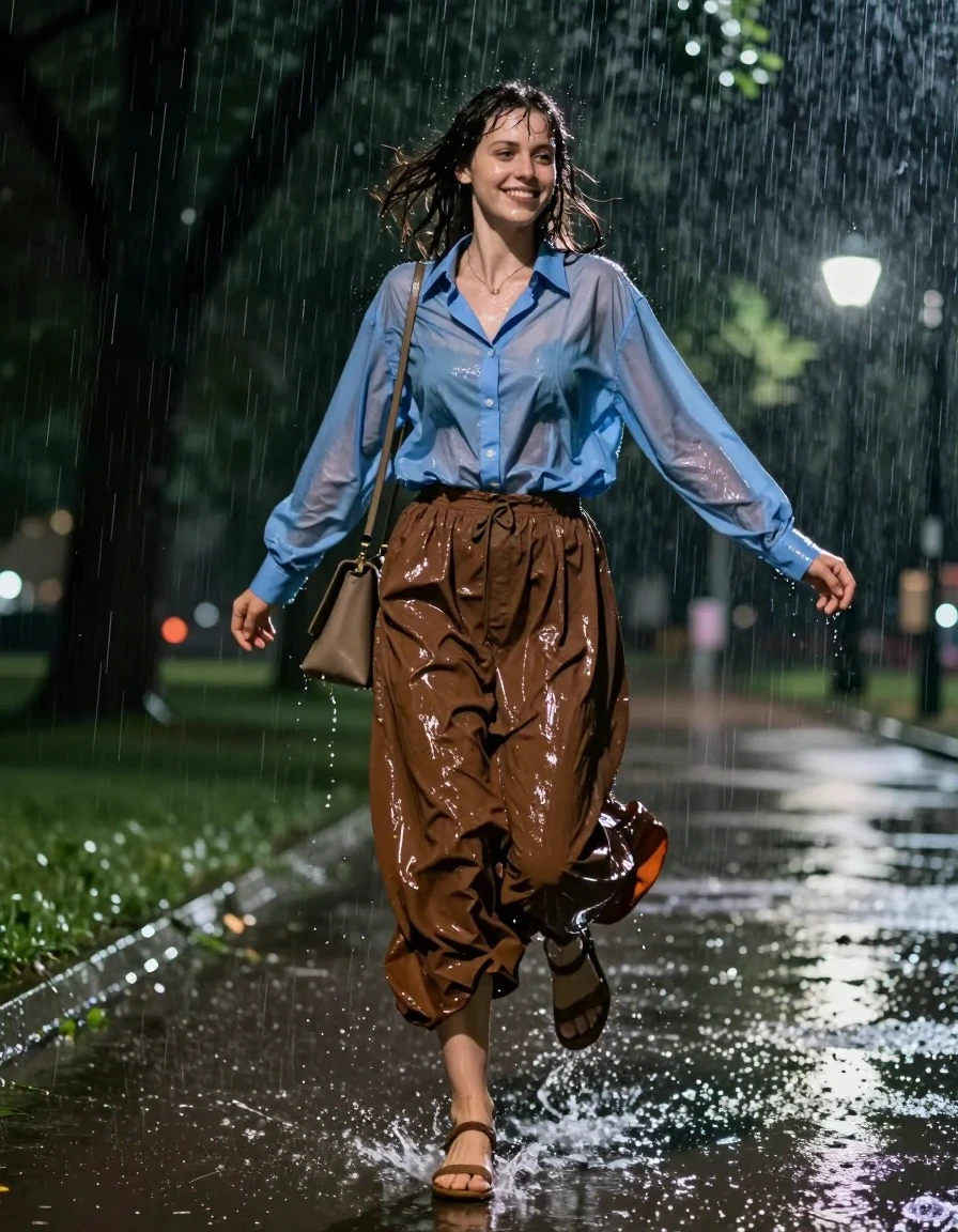 A young adult European woman happily hopping through a park at night during a heavy rainstorm. She is wearing an oversized light blue buttoned-down long-sleeved shirt and an oversized brown maxi skirt, both heavily soaked, clinging to her frame, with darker patches, heavy wet folds, and water-saturated fabric textures. She carries a small handbag. On her feet are sandals, with wet skin visible. The rain is torrential, creating a glossy sheen on all surfaces, with wet hair plastered to her face and shoulders. The park environment is dark and atmospheric, illuminated by dim, moody street lamps reflecting off puddles and wet pavement. Photorealistic, 8k, high-contrast lighting, cinematic depth of field, sharp focus on the subject, captured with a high-speed camera lens to freeze the motion of splashing water droplets and the joyful expression.