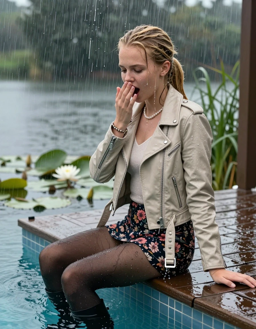 photo of young woman, in soaking wet, drenched clothes,
Black high boots, Short floral mini skirt, black stockings, Light beige biker leatherjacket, tight v-neck sweater, shoulderbag, pearl necklace, bracelet, wristwatch, Orgasm on jetty by the lake with water lilies and reeds, 
enjoying, wet clothes stuck to body,
detailed textures of the wet clothes, wet face, wet plastered hair,
wet, drenched, professional, high-quality details, full body view.
sharp focus, ultra-high pixel detail, realistic, high-quality, full colors, incredibly detailed, 4k, 8k, 16k, hyper-realistic, RAW photo, masterpiece, ultra-detailed, professionally color graded, professional photograph, A realistic vertical fashion photograph taken from a backward, behind-the-back angle of a 12-year-old teengirl sitting  and slides in a glass-walled outdoor swimming pool, facing down to the camera to show her back. 

She is tilting her head at camera, letting the water drench her hair so it is glued flat against her head and body. 
She has a blonde sleek ponytail, completely saturated and dripping wet hair, with water cascading down her neck. Horny and astonished expression. Hold her hands on her mouth! Closed mouth, half closed eyes. 

The lighting is bright and cinematic, highlighting the glistening water droplets and the saturated texture of her casual clothes. Outside the large glass wall of the pool building, heavy rain is visible falling against the window. Soft, moody indoor lighting with reflections on the water. High-quality fashion photography style.
her clothing is soaking wet and clinging tightly to her skin, showing heavy wet folds, darkened fabric texture, and deep water-saturated Patches, her clothes are heavy from the water, water runs from her body and her clothes in streams. A lot of water also runs out of her clothes. Her clothes are darkened by the water. 
hyper-realistic wetness, high-contrast water sheen, sharp focus, 16k resolution, professional photography, realistic water physics., wet skin, wet clothes, damp fabric., wet skin, wet clothes, damp fabric, wet skin, wet clothes, damp fabric, wet skin, wet clothes, damp fabric, wet skin, wet clothes, damp fabric, wet skin, wet clothes, damp fabric, wet skin, wet clothes, damp fabric