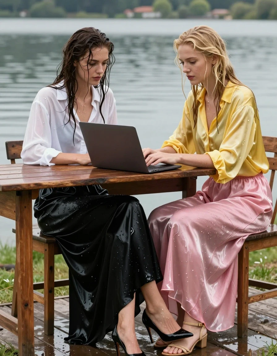 A photorealistic, high-detail scene of two young adult European women working at a rustic wooden desk set up outdoors next to a serene lake. The first woman, a brunette with damp, clinging hair, wears an oversized long-sleeved white blouse and a floor-length black silk skirt, both visibly soaking wet, heavy with water, and clinging to her skin with deep, darkened fabric tones and glossy water-sheen reflections. She wears high-heeled shoes. Beside her, a blonde woman with wet hair wears an oversized yellow satin blouse and a floor-length pink silk skirt, both fabrics saturated, clinging, and translucent from the water, with heavy, wet folds and shimmering highlights. She wears strappy sandals. Both women are positioned as if working on laptops in a home office setup after a swim, with droplets and damp textures on their skin. The background features the tranquil, reflective surface of the lake under soft, natural daylight. The composition is a medium shot capturing the textures of the wet, clinging silk, the weight of the water-logged fabrics, and the realistic interplay of light on their damp skin and clothing, 8k resolution, cinematic lighting, hyper-realistic textures.