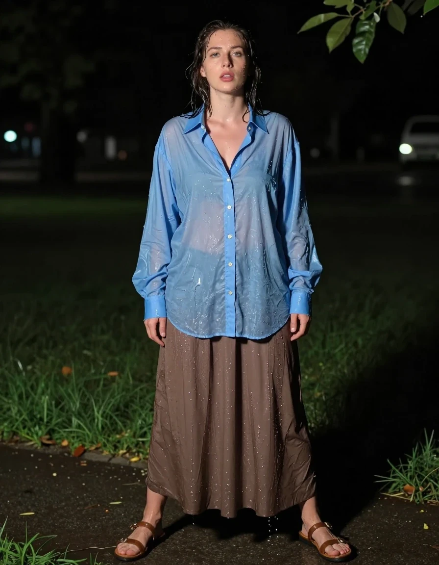 photo of young woman, in soaking wet, drenched clothes,
sandals, oversized brown maxi skirt, oversized light blue buttoned down long sleeved shirt, empty park at night, 
enjoying, wet clothes stuck to body,
detailed textures of the wet clothes, wet face, wet plastered hair,
wet, drenched, professional, high-quality details, full body view.
sharp focus, ultra-high pixel detail, realistic, high-quality, full colors, incredibly detailed, 4k, 8k, 16k, hyper-realistic, RAW photo, masterpiece, ultra-detailed, professionally color graded, professional photograph, drenched, having an orgasm, wet skin, wet clothes, damp fabric, wet skin, wet clothes, damp fabric