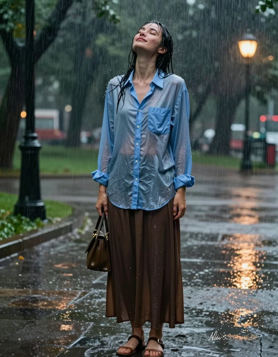 A stunning young adult European woman standing in a lush city park at night during a heavy, torrential rainstorm. She is wearing an oversized light blue buttoned-down long-sleeved shirt and an oversized brown maxi skirt, both fabrics visibly heavy, dark, and saturated with water, clinging to her body with realistic folds and increased translucency. She is wearing open-toed sandals. She clutches a small handbag in one hand. Her hair is plastered to her face and shoulders, and her skin is glistening with a heavy sheen of rainwater. She is captured in a moment of pure, ecstatic bliss, her expression one of intense, euphoric pleasure and complete abandonment to the storm, eyes closed, head tilted back as she lets herself get soaked. The environment is dark, illuminated by soft, moody park lampposts reflecting off the wet pavement and puddles. The atmosphere is thick with rain, motion blur of falling droplets, and high-contrast photographic lighting that emphasizes the wet textures of her clothing and skin. Photorealistic, 8k, cinematic lighting, sharp focus on the subject, wet-look photography.