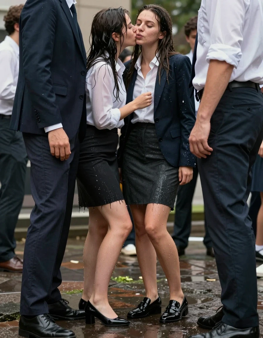 photo of young woman, in soaking wet, drenched clothes,
Shoes, Skirt or trousers, Office shirt and jacket, Student party, 
enjoying, wet clothes stuck to body,
detailed textures of the wet clothes, wet face, wet plastered hair,
wet, drenched, professional, high-quality details, full body view.
sharp focus, ultra-high pixel detail, realistic, high-quality, full colors, incredibly detailed, 4k, 8k, 16k, hyper-realistic, RAW photo, masterpiece, ultra-detailed, professionally color graded, professional photograph, Kissing two guys, wet skin, wet clothes, damp fabric