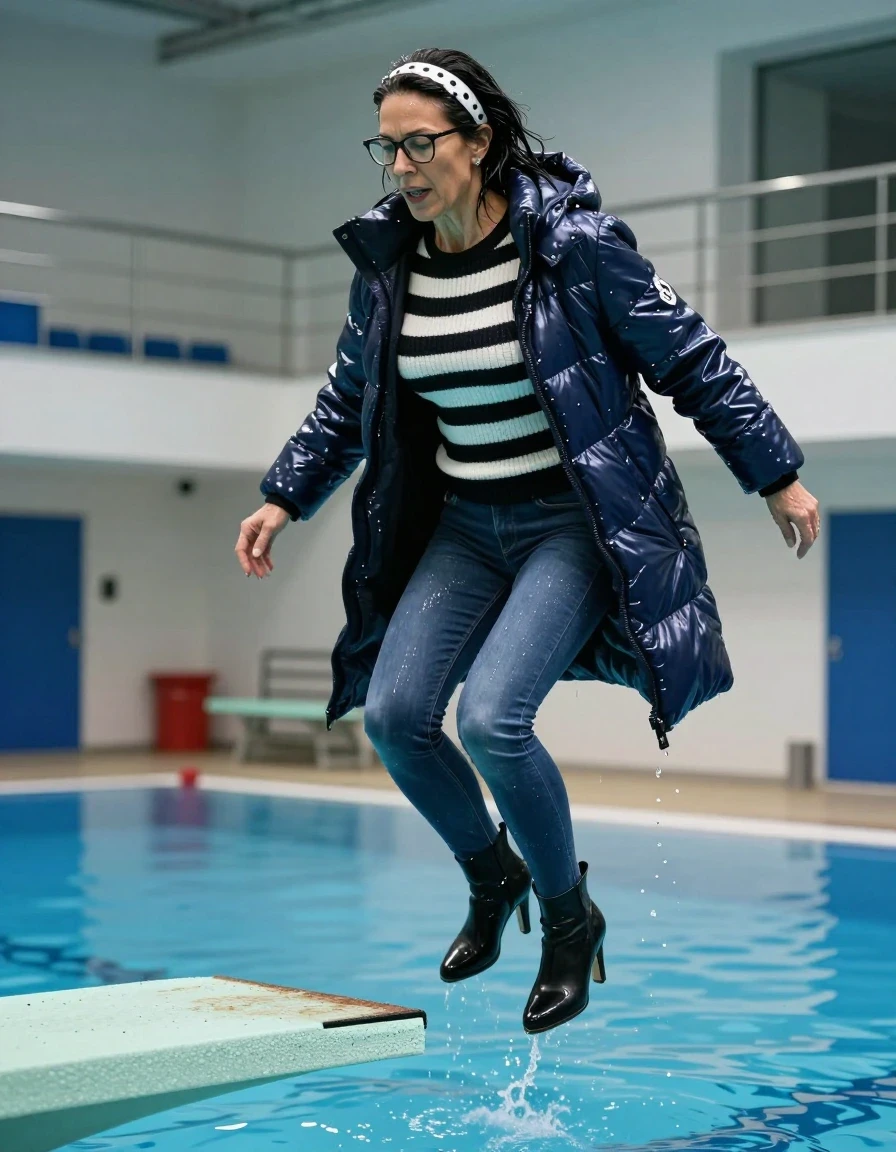photo of young woman, in soaking wet, drenched clothes,
high-heeled boots, long blue shiny tight jeans, long black & white striped shiny sweater, maxi dark blue shiny down jacket, jumping from the diving board into the water of the indoor pool, 
enjoying, wet clothes stuck to body,
detailed textures of the wet clothes, wet face, wet plastered hair,
wet, drenched, professional, high-quality details, full body view.
sharp focus, ultra-high pixel detail, realistic, high-quality, full colors, incredibly detailed, 4k, 8k, 16k, hyper-realistic, RAW photo, masterpiece, ultra-detailed, professionally color graded, professional photograph, europen brunette skinny woman 50 years old, long dark black hair, white polka-dot headband, office glasses, very big and thick lips, complete body, wet skin, wet clothes, damp fabric, wet skin, wet clothes, damp fabric, wet skin, wet clothes, damp fabric, wet skin, wet clothes, damp fabric, wet skin, wet clothes, damp fabric, wet skin, wet clothes, damp fabric, wet skin, wet clothes, damp fabric