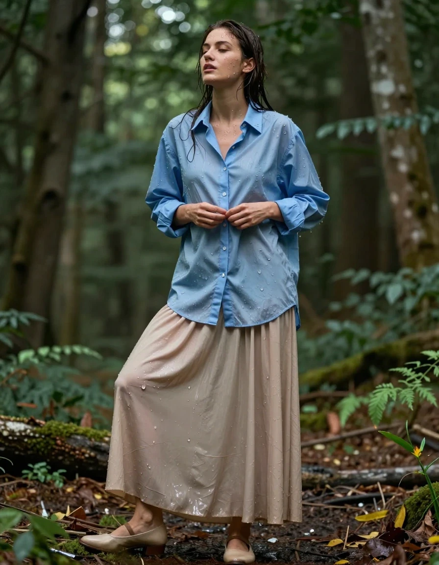 photo of young woman, in soaking wet, drenched clothes,
court shoes, beige floor-length excessively long skirt, oversized long-sleeved buttoned-down light blue shirt, forest, 
enjoying, wet clothes stuck to body,
detailed textures of the wet clothes, wet face, wet plastered hair,
wet, drenched, professional, high-quality details, full body view.
sharp focus, ultra-high pixel detail, realistic, high-quality, full colors, incredibly detailed, 4k, 8k, 16k, hyper-realistic, RAW photo, masterpiece, ultra-detailed, professionally color graded, professional photograph, buttons her shirt, wet skin, wet clothes, damp fabric