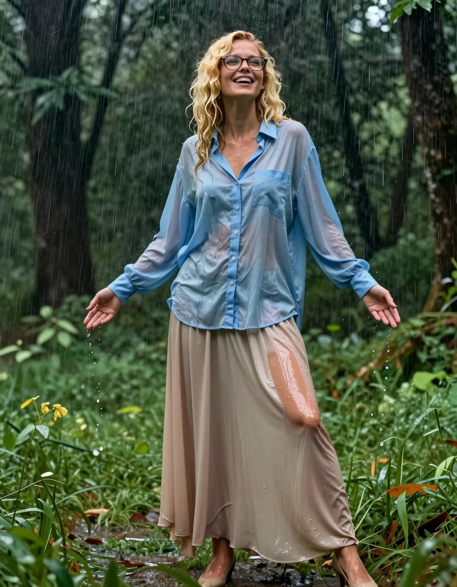 A photorealistic full-body portrait of a young adult European woman with voluminous blonde curly hair and sophisticated glasses, standing in a lush, verdant forest. She is wearing an oversized, long-sleeved, light blue nylon button-down shirt and an excessively long, floor-length beige skirt, paired with elegant court shoes. The subject is caught in a heavy downpour, resulting in visibly soaked skin and hair with a glistening water sheen. Her clothing is thoroughly drenched; the light blue nylon shirt is clinging to her frame, showing heavy damp fabric textures, while the beige floor-length skirt is saturated with water, heavy with moisture, and clinging to her legs. She has an intense, ecstatic expression of climax, her posture reflecting a moment of pure sensory release while getting soaked by the rain. The lighting is soft and diffused through the forest canopy, creating strong glossy specular reflections on her wet skin and the damp fabric of her garments. High-detail photographic quality, 8k resolution, cinematic atmosphere.