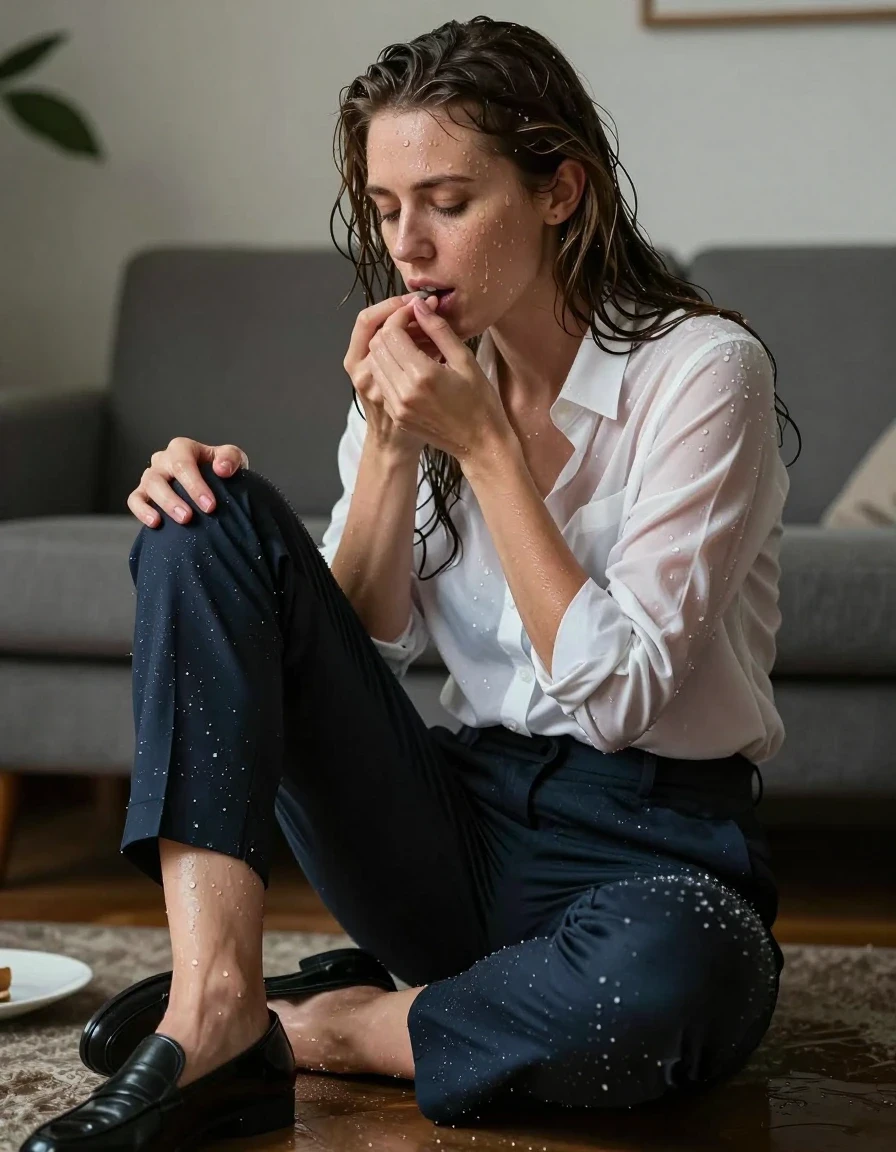 photo of young woman, in soaking wet, drenched clothes,
Shoes, Office trousers or skirt, Office shirt and jacket, Dinner at home, 
enjoying, wet clothes stuck to body,
detailed textures of the wet clothes, wet face, wet plastered hair,
wet, drenched, professional, high-quality details, full body view.
sharp focus, ultra-high pixel detail, realistic, high-quality, full colors, incredibly detailed, 4k, 8k, 16k, hyper-realistic, RAW photo, masterpiece, ultra-detailed, professionally color graded, professional photograph, Having sex with one boy, wet skin, wet clothes, damp fabric