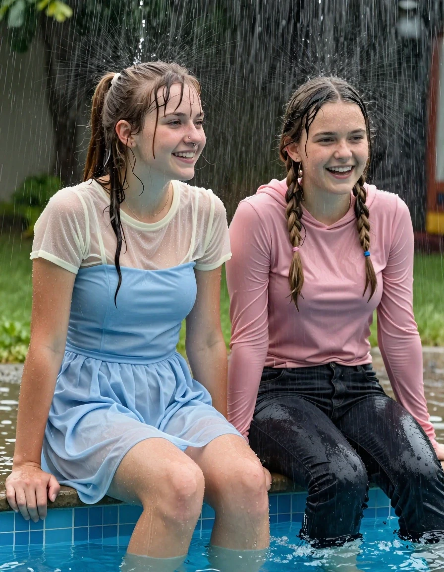 photo of young woman, in soaking wet, drenched clothes,
, , casual wear, 2 girls sitting on the edge of the pool while it pours water on them during a heavy storm, 
enjoying, wet clothes stuck to body,
detailed textures of the wet clothes, wet face, wet plastered hair,
wet, drenched, professional, high-quality details, full body view.
sharp focus, ultra-high pixel detail, realistic, high-quality, full colors, incredibly detailed, 4k, 8k, 16k, hyper-realistic, RAW photo, masterpiece, ultra-detailed, professionally color graded, professional photograph, 2 small college girls both having fun together. both similar age, a nineteen year old girl, a She has a wide square young face a very small chest, she is a pale brunette with a ponytail and bangs and a septum piercing, She is full of youthful energy, she is wearing a cream short sleeve see through sparkly undershirt underneath her formal thick pale blue strapless dress
 her dress has a flat front with a wider base.  Her friend has dark blonde hair, she is wearing a pink long sleeve top with a hood, and dark wide jeans, her clothes darken from the water. She has a wide square face,, wet skin, wet clothes, damp fabric, wet skin, wet clothes, damp fabric, wet skin, wet clothes, damp fabric, wet skin, wet clothes, damp fabric, wet skin, wet clothes, damp fabric, wet skin, wet clothes, damp fabric, wet skin, wet clothes, damp fabric