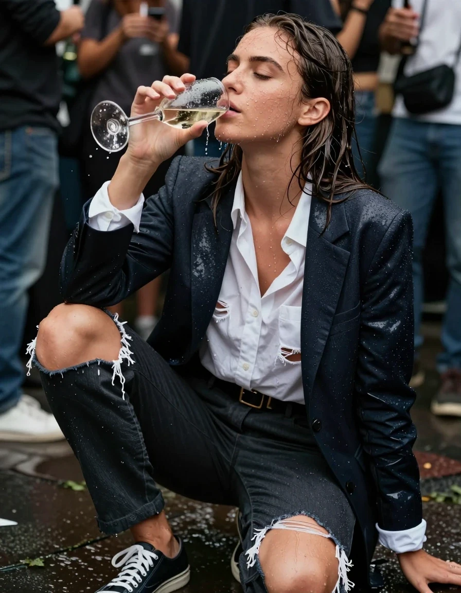photo of young woman, in soaking wet, drenched clothes,
Shoes, Ripped office trousers, Ripped office shirt and ripped jacket, Student party, 
enjoying, wet clothes stuck to body,
detailed textures of the wet clothes, wet face, wet plastered hair,
wet, drenched, professional, high-quality details, full body view.
sharp focus, ultra-high pixel detail, realistic, high-quality, full colors, incredibly detailed, 4k, 8k, 16k, hyper-realistic, RAW photo, masterpiece, ultra-detailed, professionally color graded, professional photograph, Stripping while drinking wine, wet skin, wet clothes, damp fabric