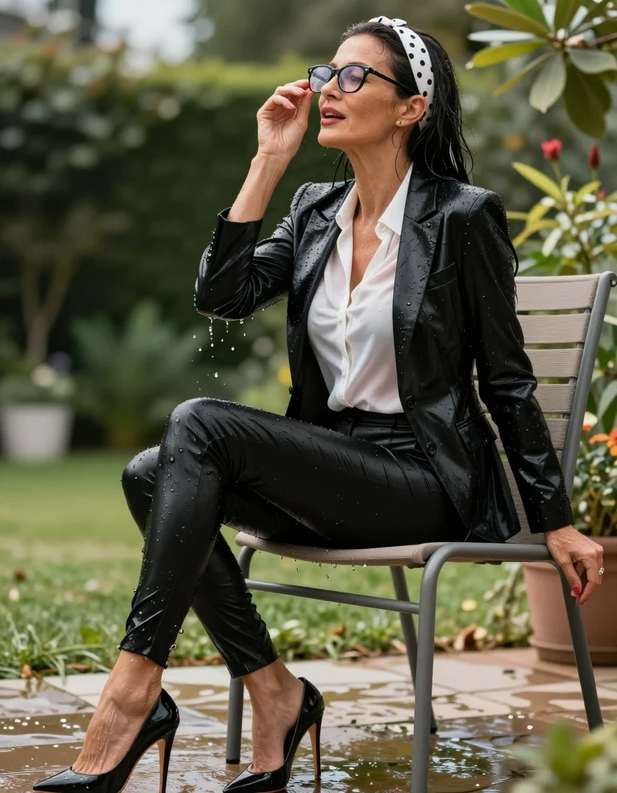 photo of young woman, in soaking wet, drenched clothes,
high-heeled shoes, long tight black shiny trousers, tailored black shiny jacket and white satin blouse, on tha chair, after bath in sunny garden, 
enjoying, wet clothes stuck to body,
detailed textures of the wet clothes, wet face, wet plastered hair,
wet, drenched, professional, high-quality details, full body view.
sharp focus, ultra-high pixel detail, realistic, high-quality, full colors, incredibly detailed, 4k, 8k, 16k, hyper-realistic, RAW photo, masterpiece, ultra-detailed, professionally color graded, professional photograph, europen brunette skinny woman 50 years old, long dark black hair, white polka-dot headband, office glasses, very big and thick lips, complete body, wet skin, wet clothes, damp fabric, wet skin, wet clothes, damp fabric, wet skin, wet clothes, damp fabric, wet skin, wet clothes, damp fabric, wet skin, wet clothes, damp fabric, wet skin, wet clothes, damp fabric, wet skin, wet clothes, damp fabric