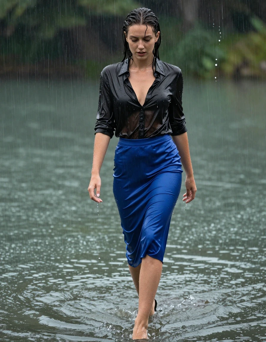 photo of young woman, in soaking wet, drenched clothes,
high-heels, blue silk slim floor-length skirt, black silk blouse, no underwear, see-through, walking in the lake, 
enjoying, wet clothes stuck to body,
detailed textures of the wet clothes, wet face, wet plastered hair,
wet, drenched, professional, high-quality details, full body view.
sharp focus, ultra-high pixel detail, realistic, high-quality, full colors, incredibly detailed, 4k, 8k, 16k, hyper-realistic, RAW photo, masterpiece, ultra-detailed, professionally color graded, professional photograph, heavy rain, completely soaked, drenched, dripping wet, wet skin, wet clothes, damp fabric