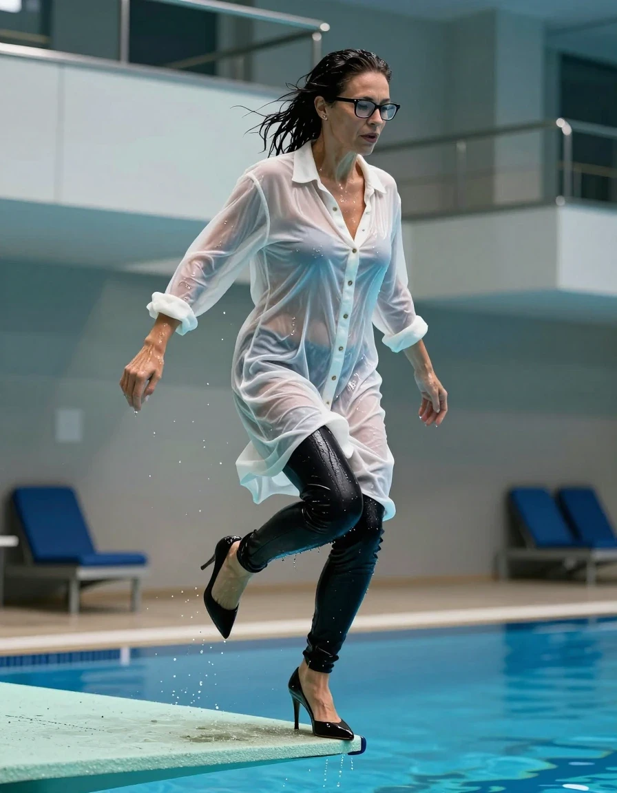 photo of young woman, in soaking wet, drenched clothes,
high-heeled shoes, long black shiny tight jeans, light white oversized gown, buttoned-up, transparent, see-through, kein BH, jumping from the diving board into the water of the indoor pool, 
enjoying, wet clothes stuck to body,
detailed textures of the wet clothes, wet face, wet plastered hair,
wet, drenched, professional, high-quality details, full body view.
sharp focus, ultra-high pixel detail, realistic, high-quality, full colors, incredibly detailed, 4k, 8k, 16k, hyper-realistic, RAW photo, masterpiece, ultra-detailed, professionally color graded, professional photograph, europen brunette skinny woman 50 years old, long dark black hair, office glasses, very big and thick lips, complete body, wet skin, wet clothes, damp fabric, wet skin, wet clothes, damp fabric, wet skin, wet clothes, damp fabric, wet skin, wet clothes, damp fabric, wet skin, wet clothes, damp fabric, wet skin, wet clothes, damp fabric, wet skin, wet clothes, damp fabric