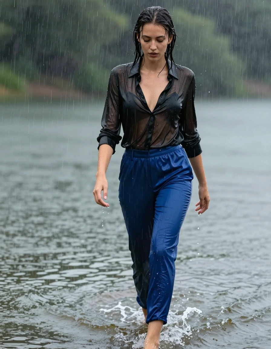 photo of young woman, in soaking wet, drenched clothes,
high-heels, blue silk pants, black silk blouse, no underwear, see-through, walking in the lake, 
enjoying, wet clothes stuck to body,
detailed textures of the wet clothes, wet face, wet plastered hair,
wet, drenched, professional, high-quality details, full body view.
sharp focus, ultra-high pixel detail, realistic, high-quality, full colors, incredibly detailed, 4k, 8k, 16k, hyper-realistic, RAW photo, masterpiece, ultra-detailed, professionally color graded, professional photograph, heavy rain, completely soaked, drenched, dripping wet, wet skin, wet clothes, damp fabric