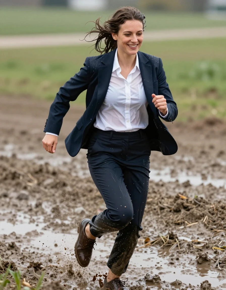 photo of young woman, in soaking wet, drenched clothes,
Shoes, Office trousers or skirt, Office shirt and jacket, Running in mud , 
enjoying, wet clothes stuck to body,
detailed textures of the wet clothes, wet face, wet plastered hair,
wet, drenched, professional, high-quality details, full body view.
sharp focus, ultra-high pixel detail, realistic, high-quality, full colors, incredibly detailed, 4k, 8k, 16k, hyper-realistic, RAW photo, masterpiece, ultra-detailed, professionally color graded, professional photograph, Smiling, wet skin, wet clothes, damp fabric