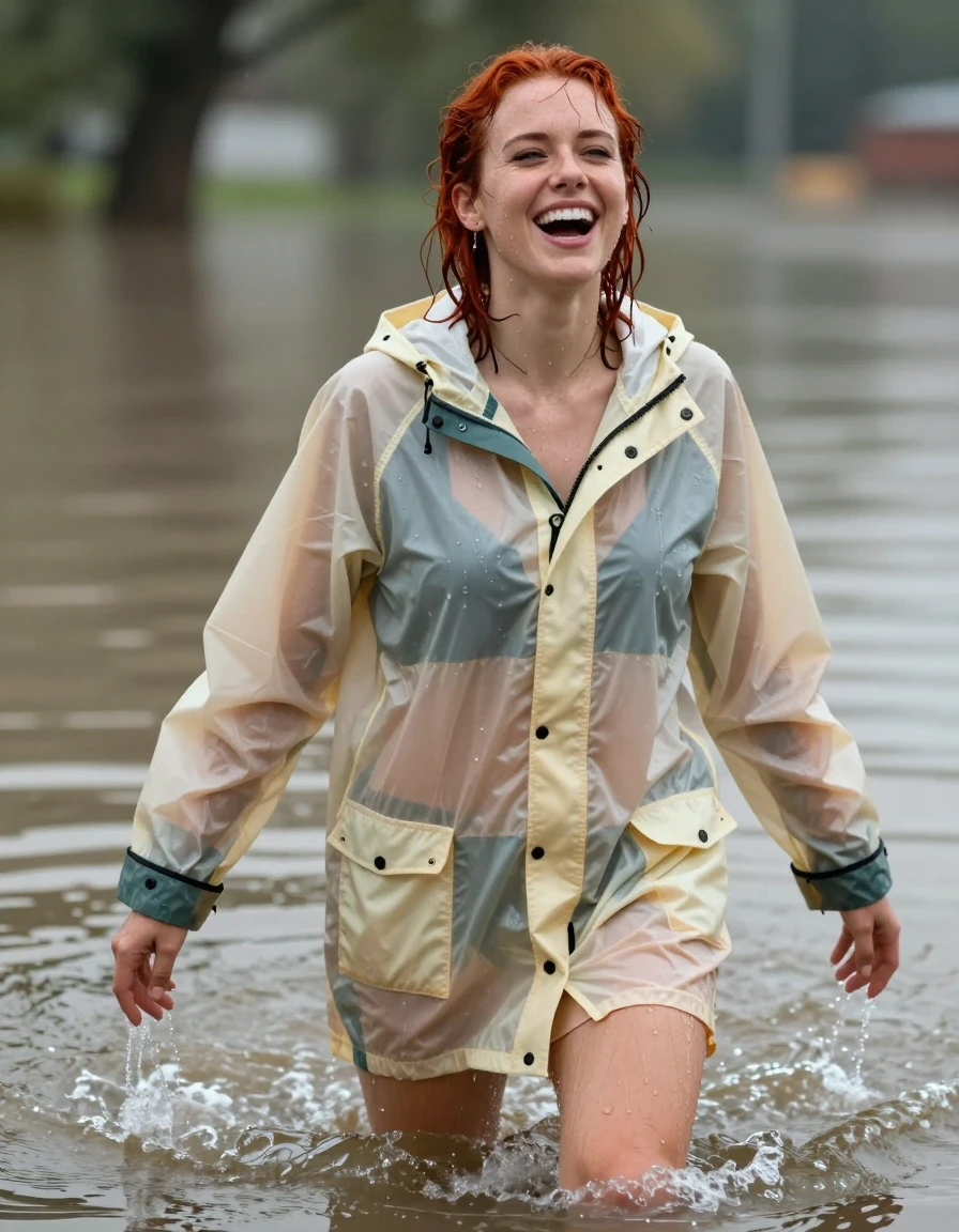 photo of young woman, in soaking wet, drenched clothes,
No socks , No underwear , Oversized ultralight weight rainjacket. , In the flood soaking wet   . She just emerged from the water soaking wet .  , 
enjoying, wet clothes stuck to body,
detailed textures of the wet clothes, wet face, wet plastered hair,
wet, drenched, professional, high-quality details, full body view.
sharp focus, ultra-high pixel detail, realistic, high-quality, full colors, incredibly detailed, 4k, 8k, 16k, hyper-realistic, RAW photo, masterpiece, ultra-detailed, professionally color graded, professional photograph, Her bright  red  hair is soaking wet and dripping with water. Her hair slicked back.  Her clothes are soaking wet . She's very aroused and happy, wet skin, wet clothes, damp fabric