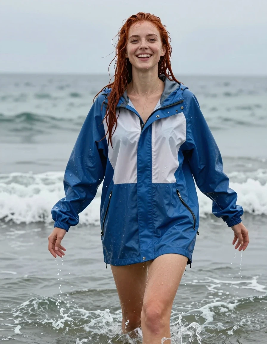 photo of young woman, in soaking wet, drenched clothes,
No socks , No underwear , Blue and white long  oversized trespass ultralight weight rainjacket , In the sea soaking wet.  . She just emerged from the water soaking wet , 
enjoying, wet clothes stuck to body,
detailed textures of the wet clothes, wet face, wet plastered hair,
wet, drenched, professional, high-quality details, full body view.
sharp focus, ultra-high pixel detail, realistic, high-quality, full colors, incredibly detailed, 4k, 8k, 16k, hyper-realistic, RAW photo, masterpiece, ultra-detailed, professionally color graded, professional photograph, Her long red  hair is soaking wet .  Her clothes are soaking wet and cling to wet form. She's very aroused and happy, wet skin, wet clothes, damp fabric