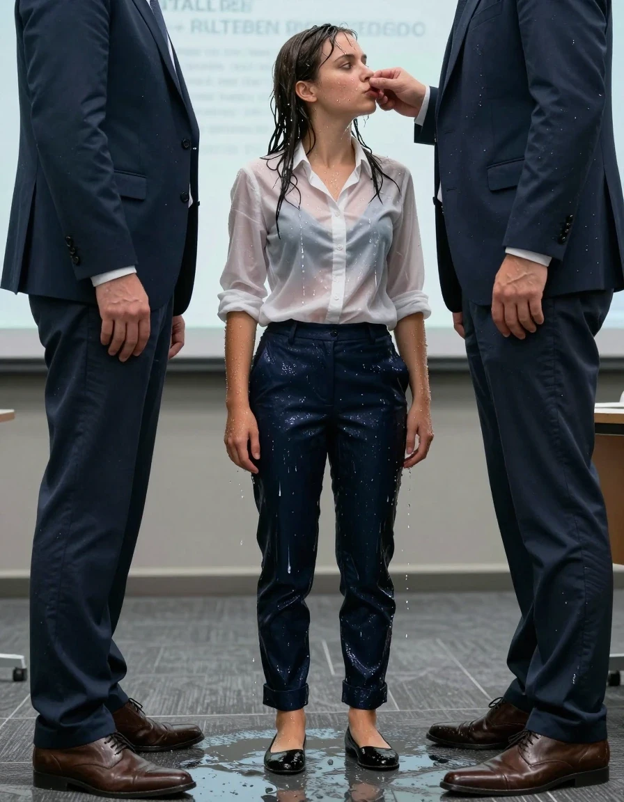 photo of young woman, in soaking wet, drenched clothes,
Shoes, Office trousers or skirt, Office shirt and jacket, Office seminar, 
enjoying, wet clothes stuck to body,
detailed textures of the wet clothes, wet face, wet plastered hair,
wet, drenched, professional, high-quality details, full body view.
sharp focus, ultra-high pixel detail, realistic, high-quality, full colors, incredibly detailed, 4k, 8k, 16k, hyper-realistic, RAW photo, masterpiece, ultra-detailed, professionally color graded, professional photograph, Kissing two colleagues, wet skin, wet clothes, damp fabric