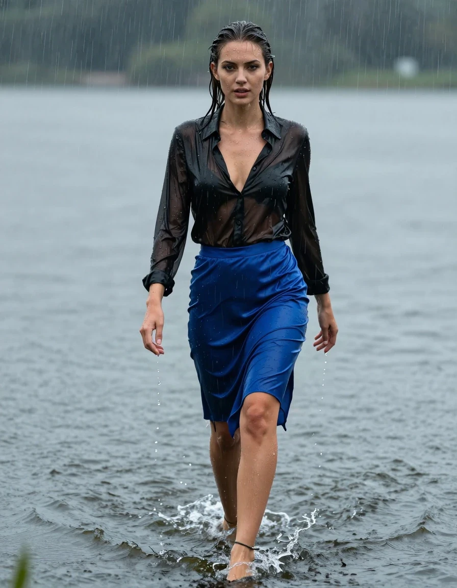 photo of young woman, in soaking wet, drenched clothes,
high-heels, blue silk skirt, black silk blouse, no underwear, see-through, walking in the lake, 
enjoying, wet clothes stuck to body,
detailed textures of the wet clothes, wet face, wet plastered hair,
wet, drenched, professional, high-quality details, full body view.
sharp focus, ultra-high pixel detail, realistic, high-quality, full colors, incredibly detailed, 4k, 8k, 16k, hyper-realistic, RAW photo, masterpiece, ultra-detailed, professionally color graded, professional photograph, heavy rain, completely soaked, drenched, dripping wet, wet skin, wet clothes, damp fabric