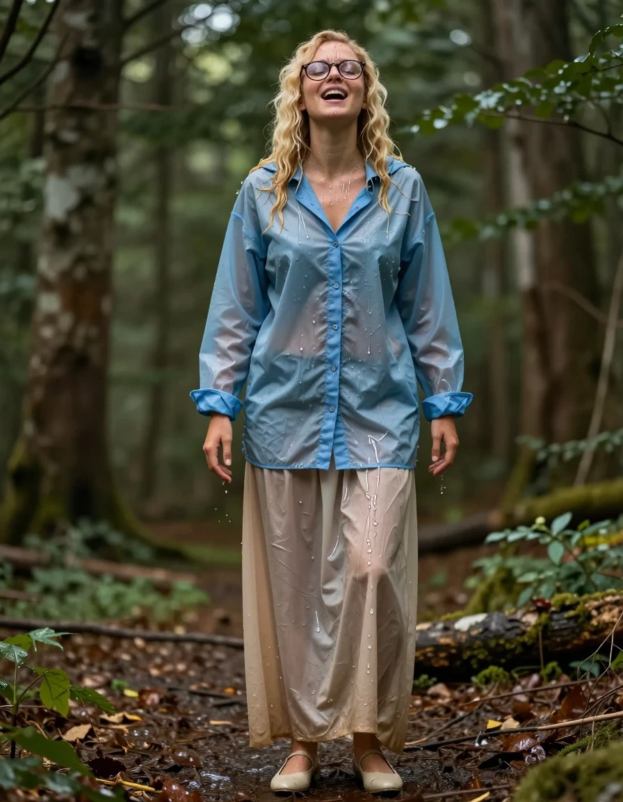photo of young woman, in soaking wet, drenched clothes,
court shoes, beige floor-length excessively long skirt, nylon rainwear, oversized long-sleeved buttoned-down light blue shirt, forest, 
enjoying, wet clothes stuck to body,
detailed textures of the wet clothes, wet face, wet plastered hair,
wet, drenched, professional, high-quality details, full body view.
sharp focus, ultra-high pixel detail, realistic, high-quality, full colors, incredibly detailed, 4k, 8k, 16k, hyper-realistic, RAW photo, masterpiece, ultra-detailed, professionally color graded, professional photograph, blonde curly hair with glasses,letting herself get soaked, has an orgasm, wet skin, wet clothes, damp fabric, wet skin, wet clothes, damp fabric, wet skin, wet clothes, damp fabric, wet skin, wet clothes, damp fabric