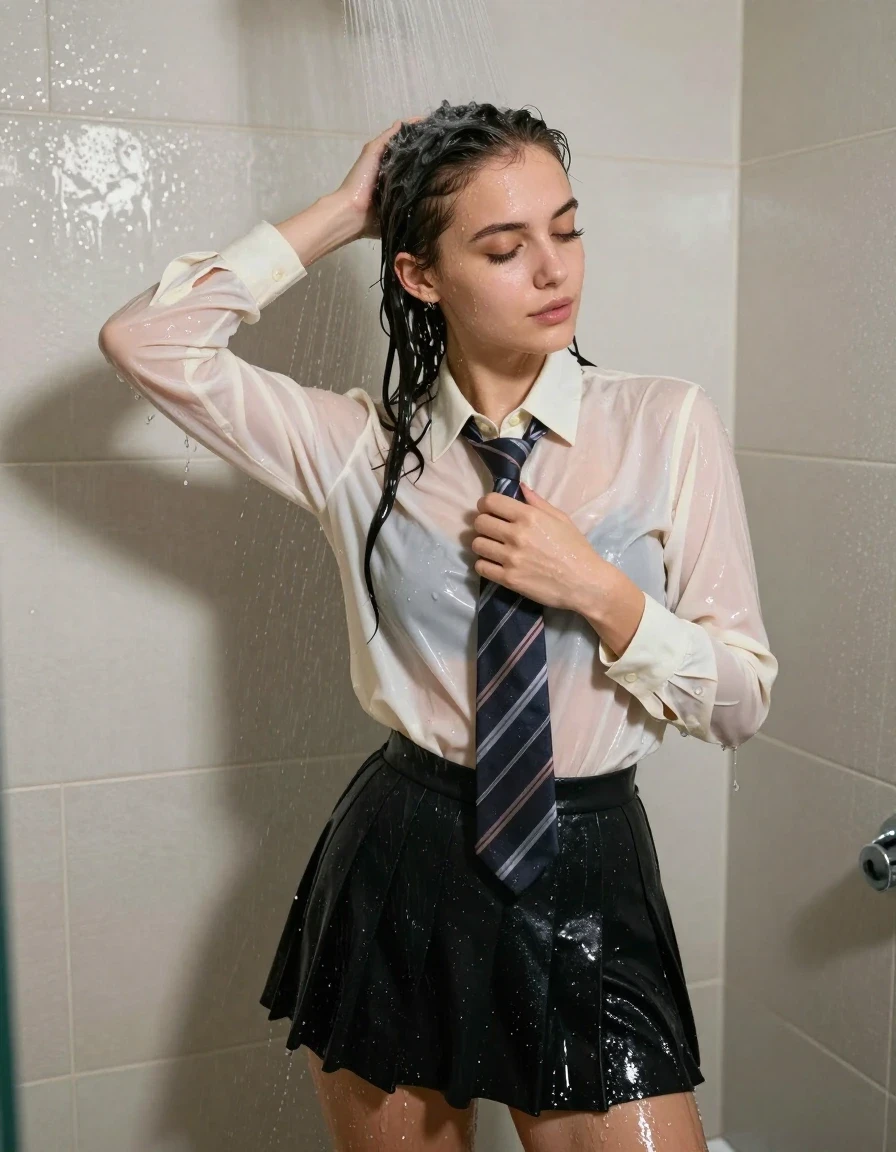A photorealistic medium full-body lifestyle portrait of a young adult European woman in a shower. She is wearing a cream long-sleeve shirt and a striped tie, both rendered in soaking-wet fabric that clings to her form with heavy, water-saturated folds, darkened tones, and glossy specular highlights. She wears a black pleated skirt and black shoes, all appearing heavily drenched with water sheen and deep, saturated color. The shower pours water directly onto her head, causing her hair to be completely soaked and slicked back as she smooths it away from her face with one hand while holding her tie with the other. The environment is a wet shower stall with water droplets running down surfaces. The lighting is balanced, bright, natural, and cinematic with moderate contrast and softly lifted shadows. High-resolution, crisp focus, clean anatomy, no nudity, no lingerie, no underwear, no dry clothing, no makeup smears, no artificial lighting, no posed stiffness, no cartoon or illustrative elements.