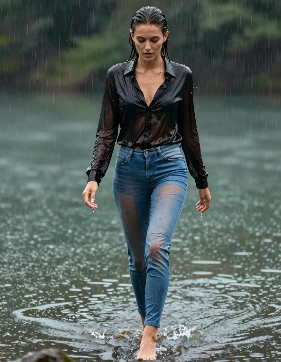 photo of young woman, in soaking wet, drenched clothes,
high-heels, transparent blue silk jeans, black silk blouse, no underwear, see-through, walking in the lake, 
enjoying, wet clothes stuck to body,
detailed textures of the wet clothes, wet face, wet plastered hair,
wet, drenched, professional, high-quality details, full body view.
sharp focus, ultra-high pixel detail, realistic, high-quality, full colors, incredibly detailed, 4k, 8k, 16k, hyper-realistic, RAW photo, masterpiece, ultra-detailed, professionally color graded, professional photograph, heavy rain, completely soaked, drenched, dripping wet, wet skin, wet clothes, damp fabric